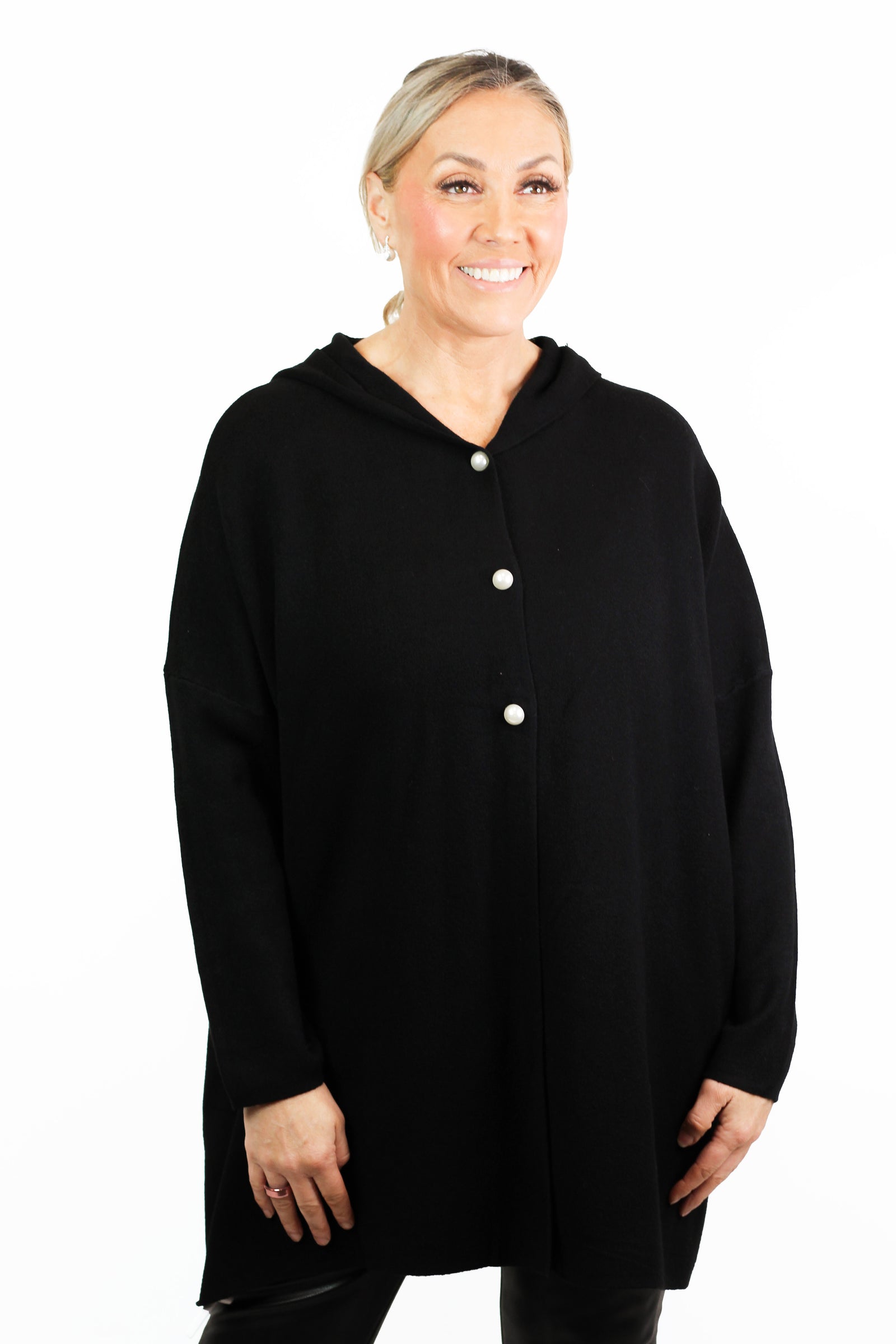 Long Sleeve Cardigan Hoodie w/ Faux Pearl Buttons