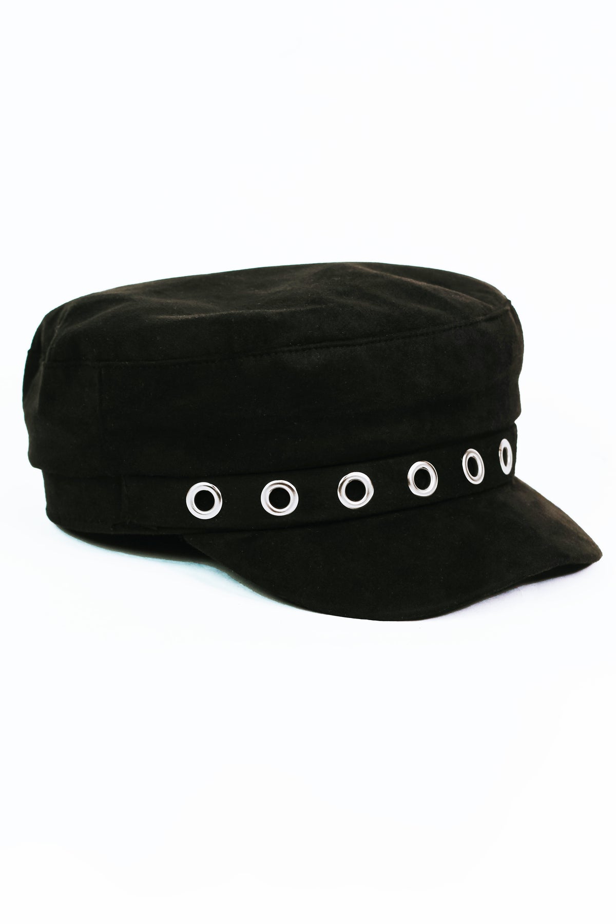 Faux Suede Military Cap w/ Eyelet Accents