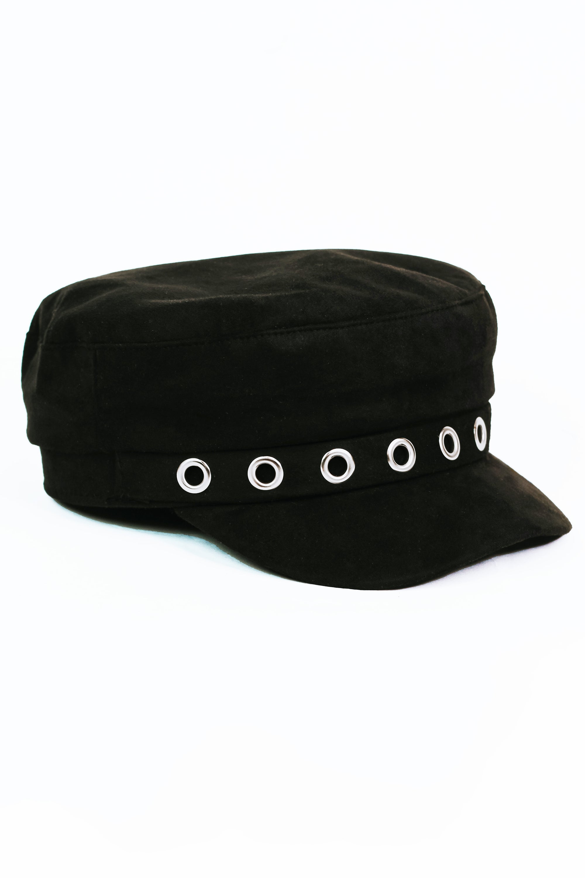 Faux Suede Military Cap w/ Eyelet Accents
