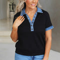 Short Sleeve Denim Trim Polo Collar Top