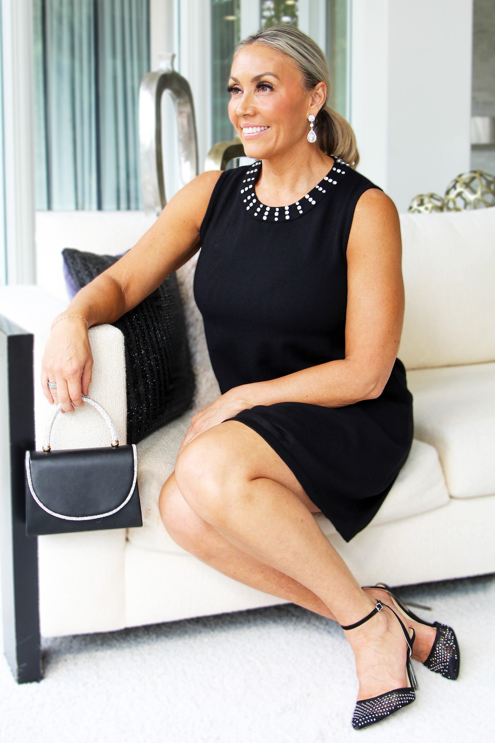 Sleeveless Knit Mini Dress w/ Rhinestone Neck Band Accents