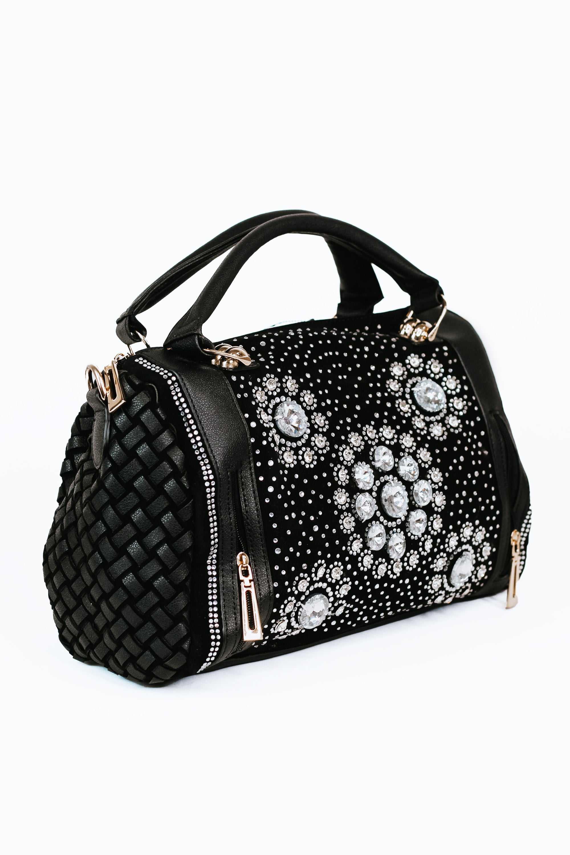 Multi Sized Rhinestone Floral Design w/ Side Weaving Gold Hardware Handbag
