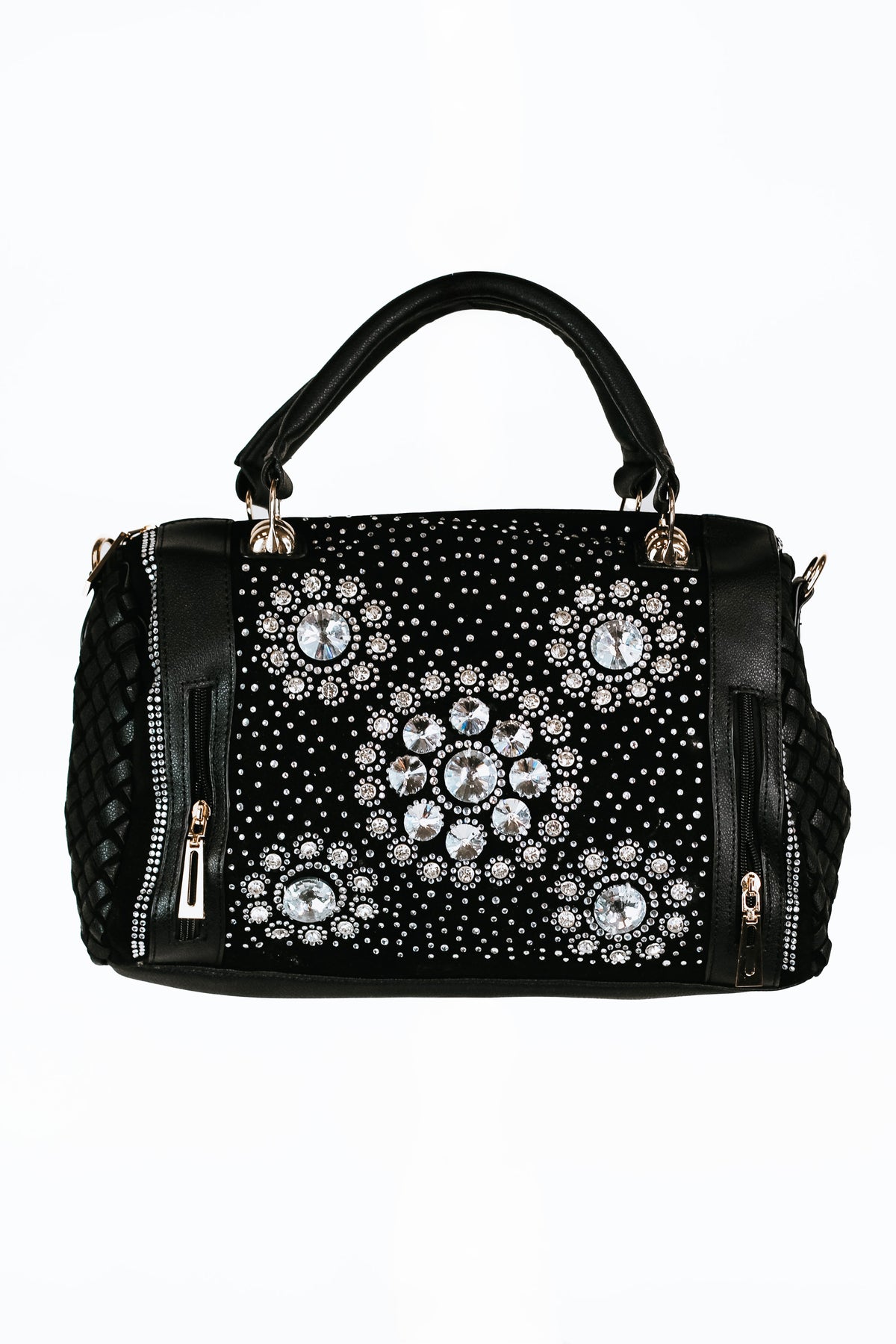 Multi Sized Rhinestone Floral Design w/ Side Weaving Gold Hardware Handbag