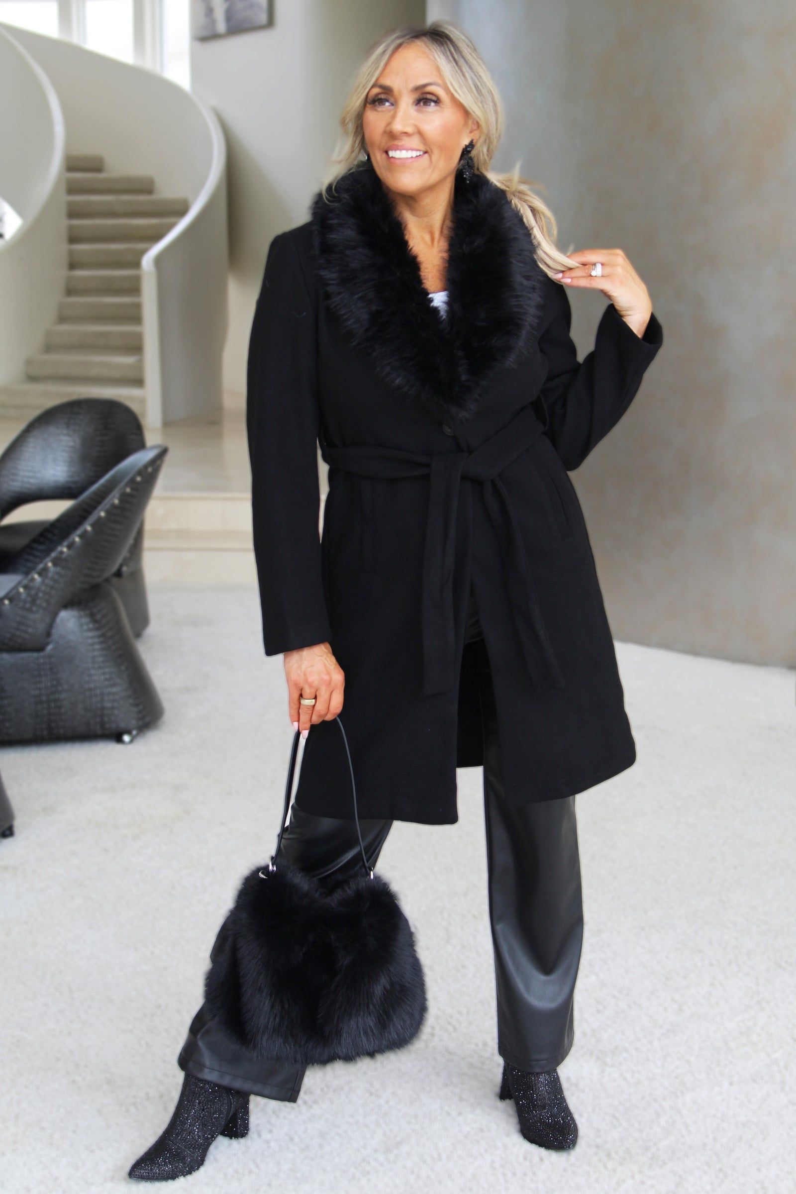 Belted Unlined Coat w/ Detachable Fur Collar