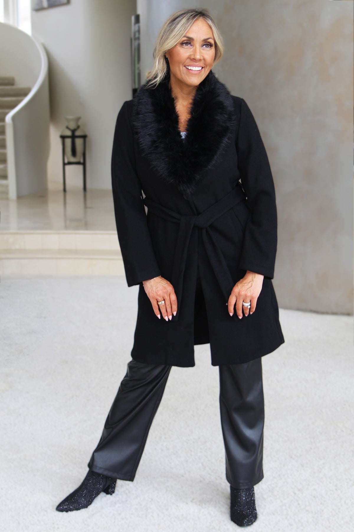 Belted Unlined Coat w/ Detachable Fur Collar
