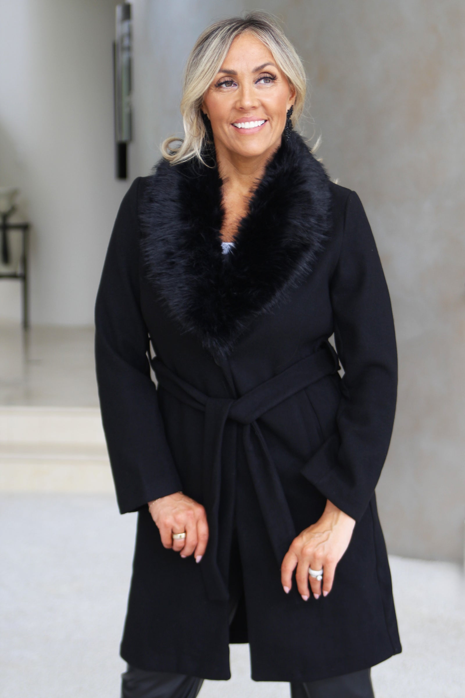 Belted Unlined Coat w/ Detachable Fur Collar