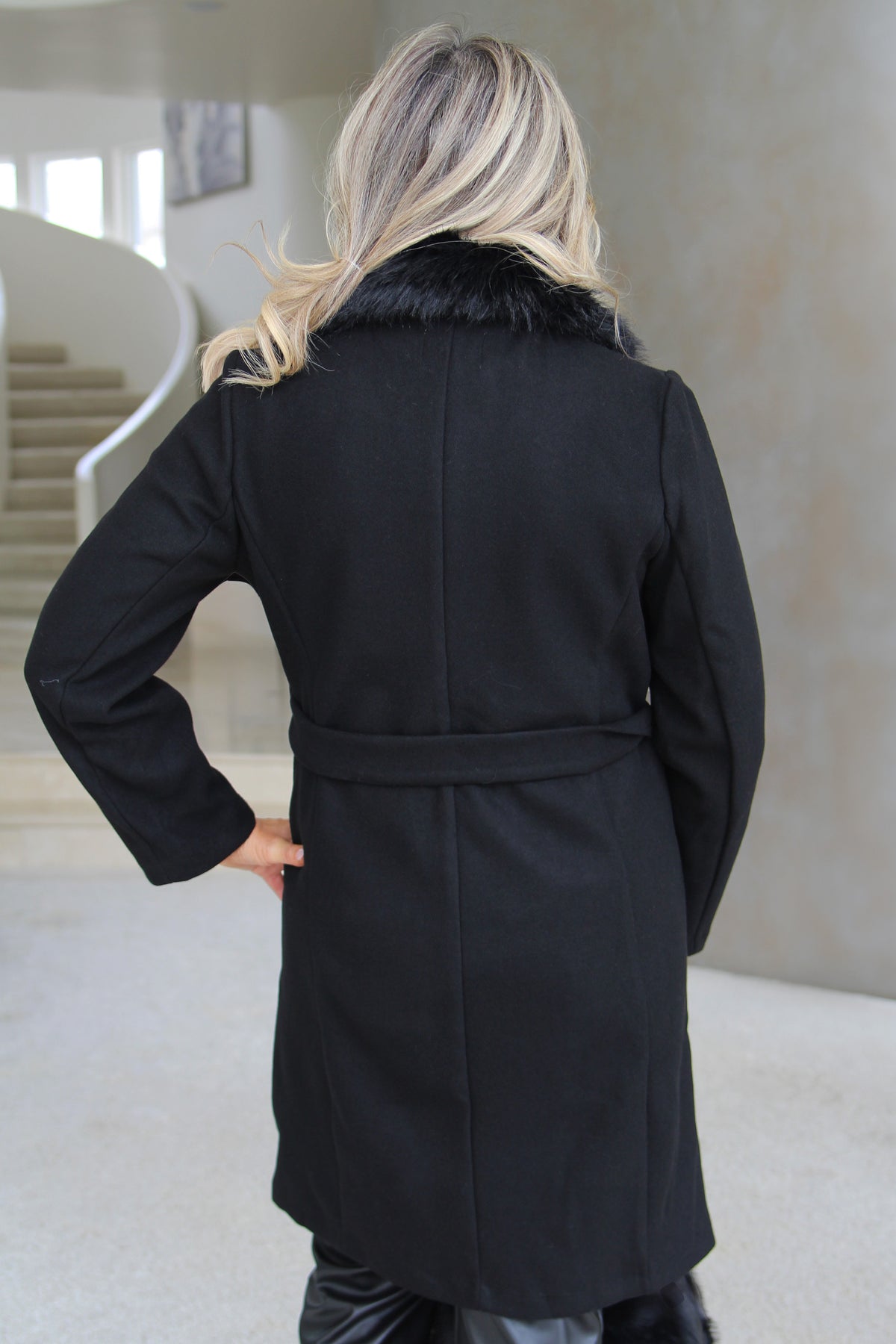 Belted Unlined Coat w/ Detachable Fur Collar