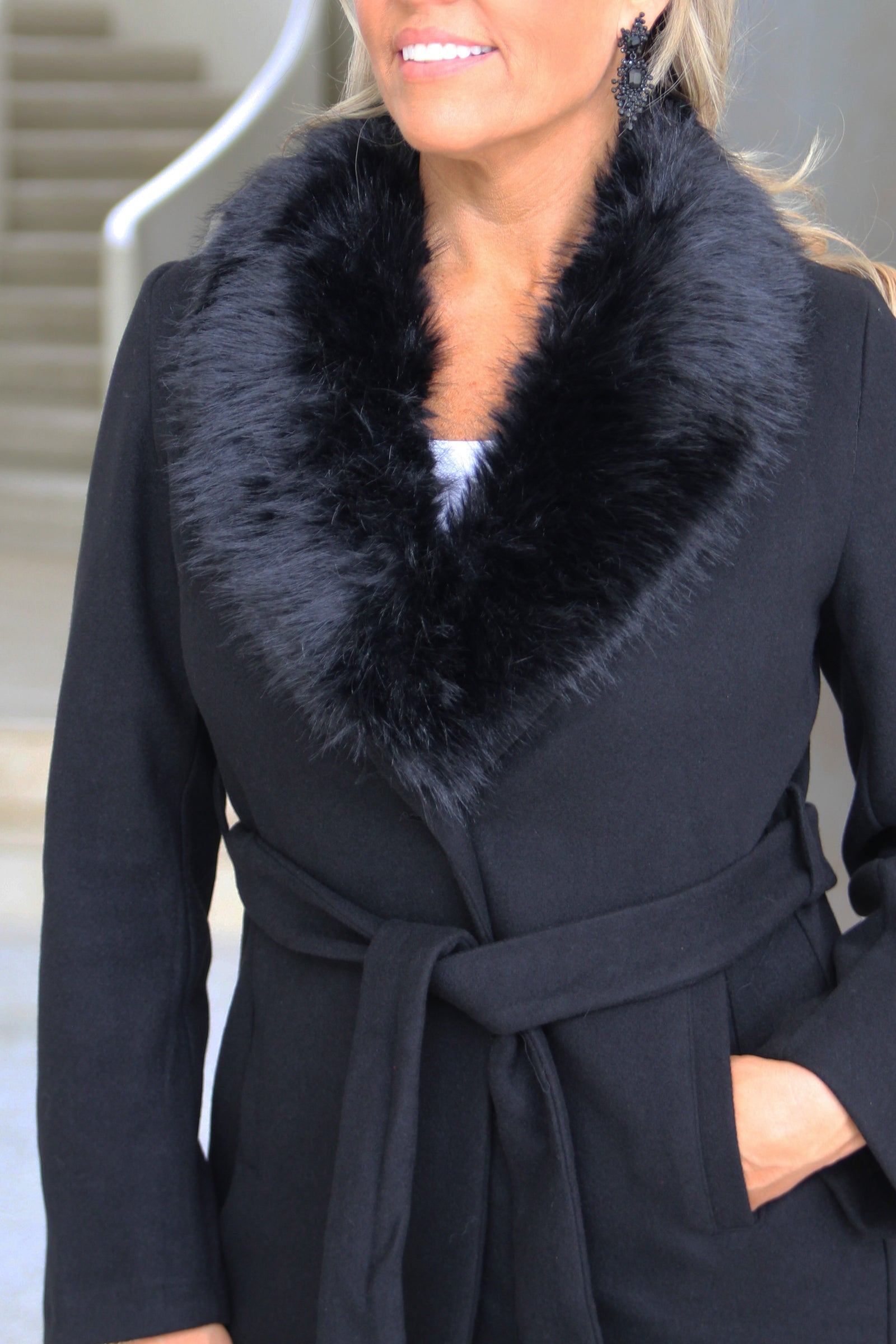 Belted Unlined Coat w/ Detachable Fur Collar