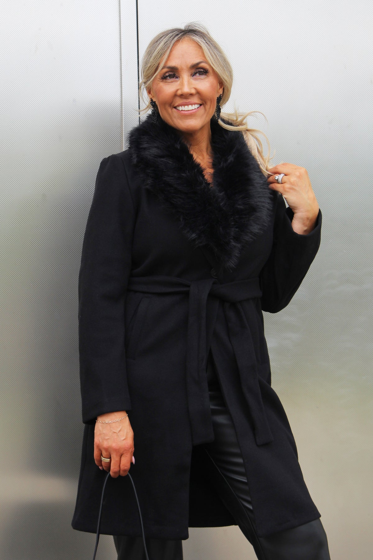 Belted Unlined Coat w/ Detachable Fur Collar
