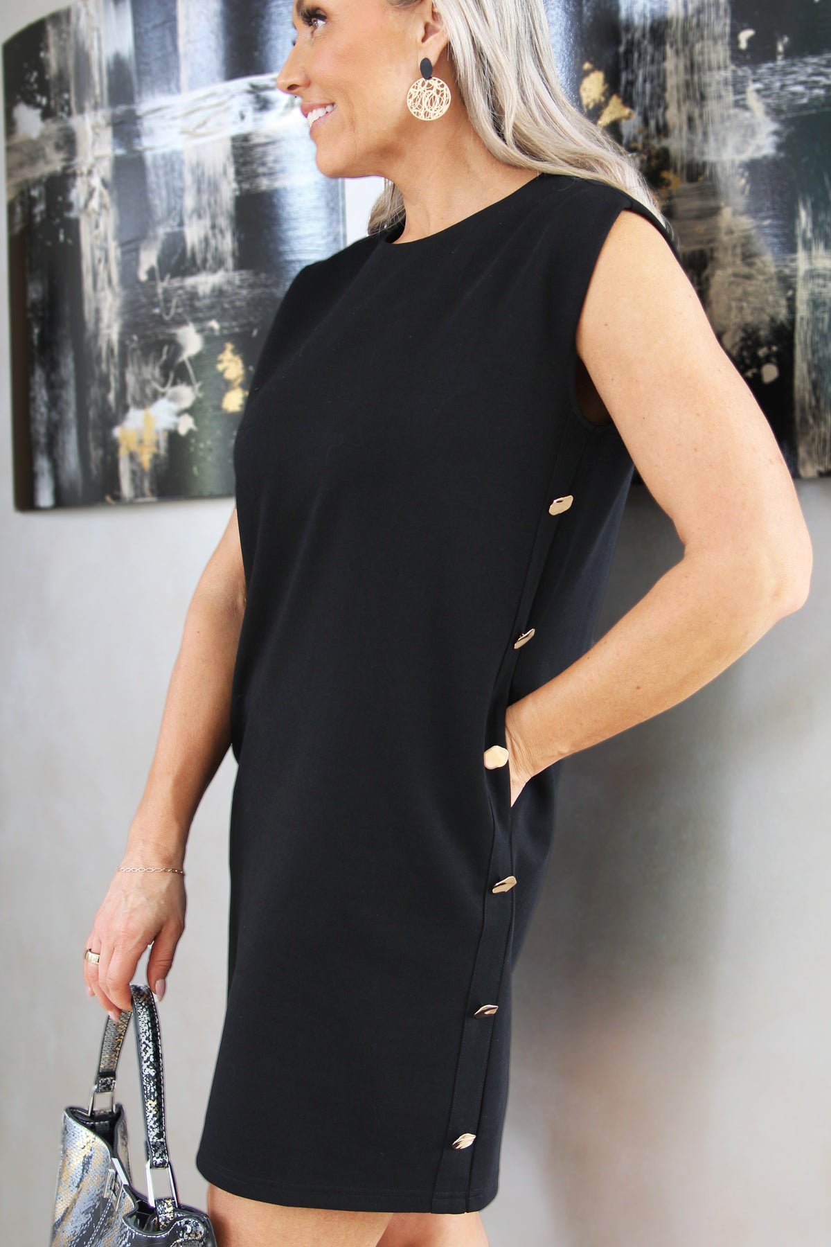Sleeveless Knit Dress w/ Pockets and Side Button Trim
