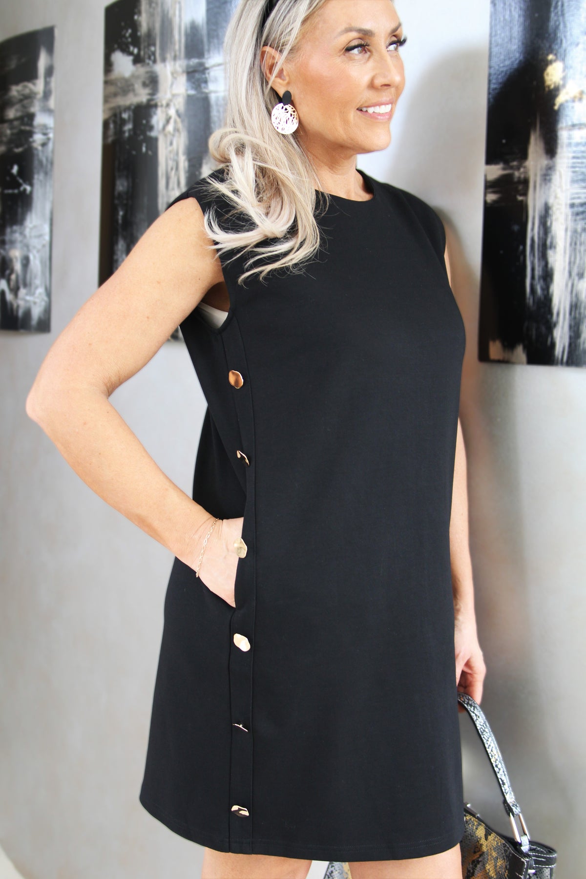 Sleeveless Knit Dress w/ Pockets and Side Button Trim