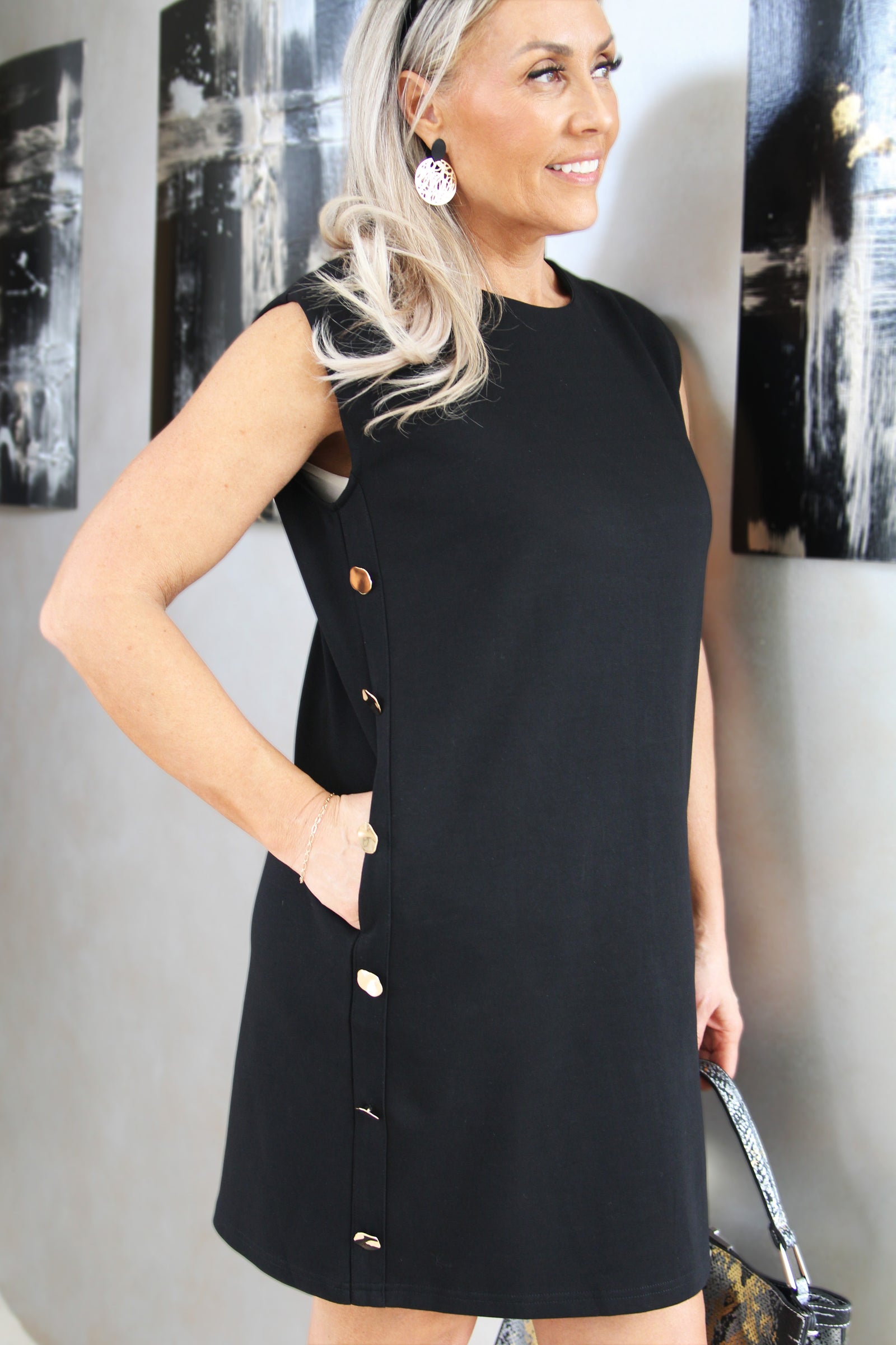 Sleeveless Knit Dress w/ Pockets and Side Button Trim