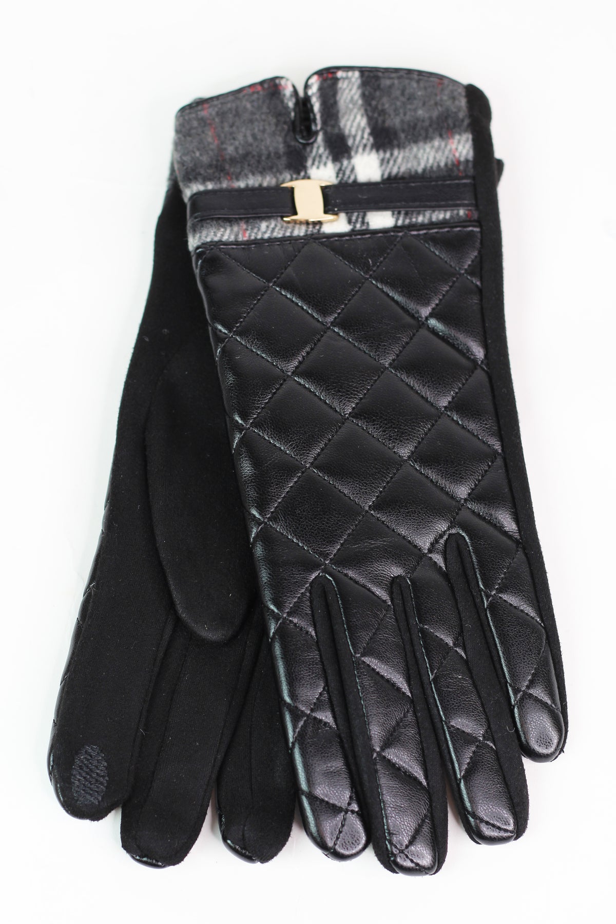 Quilted Faux Leather Gloves w/ Plaid Trim
