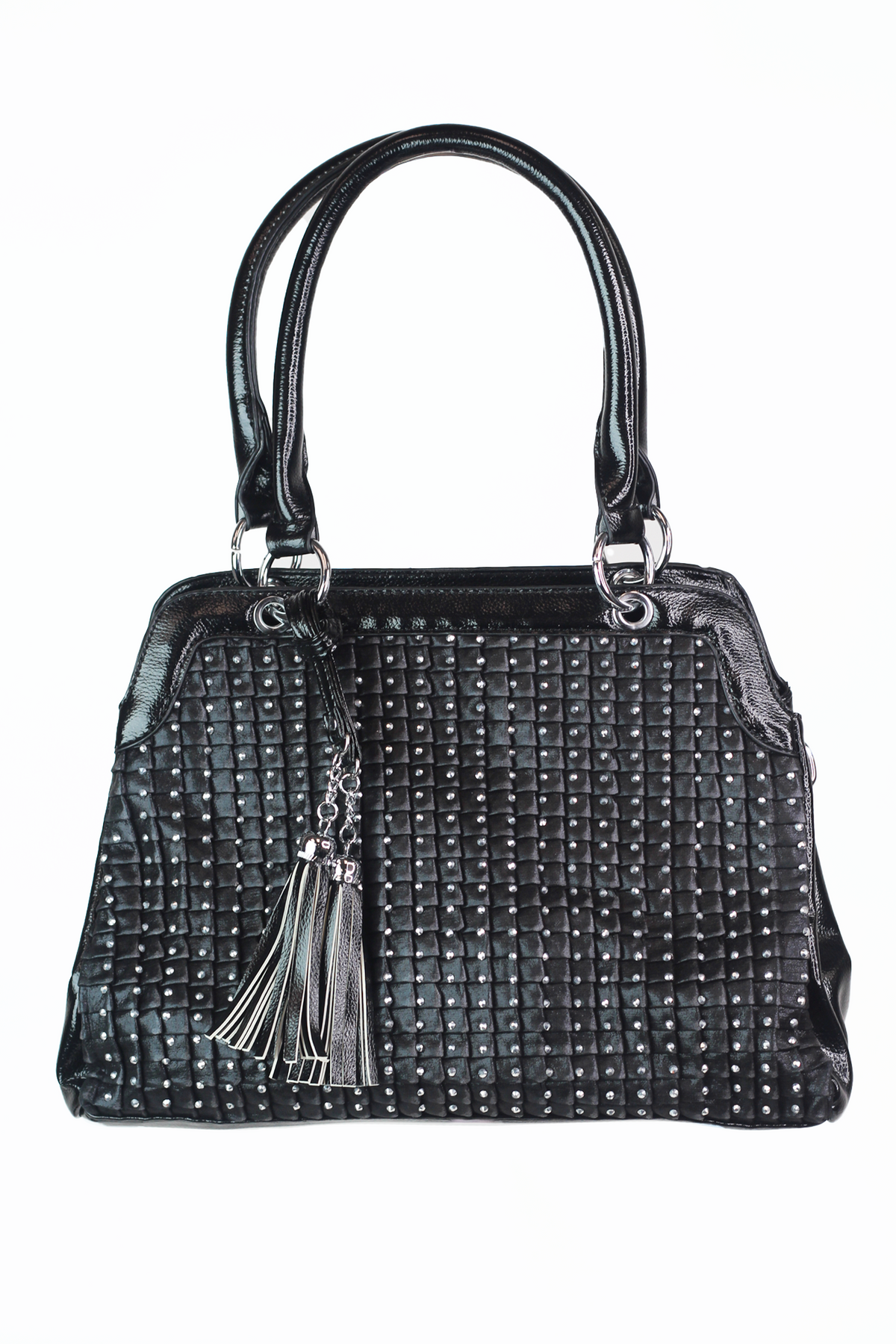 Twin Tassel Double Handle Front Studded Handbag