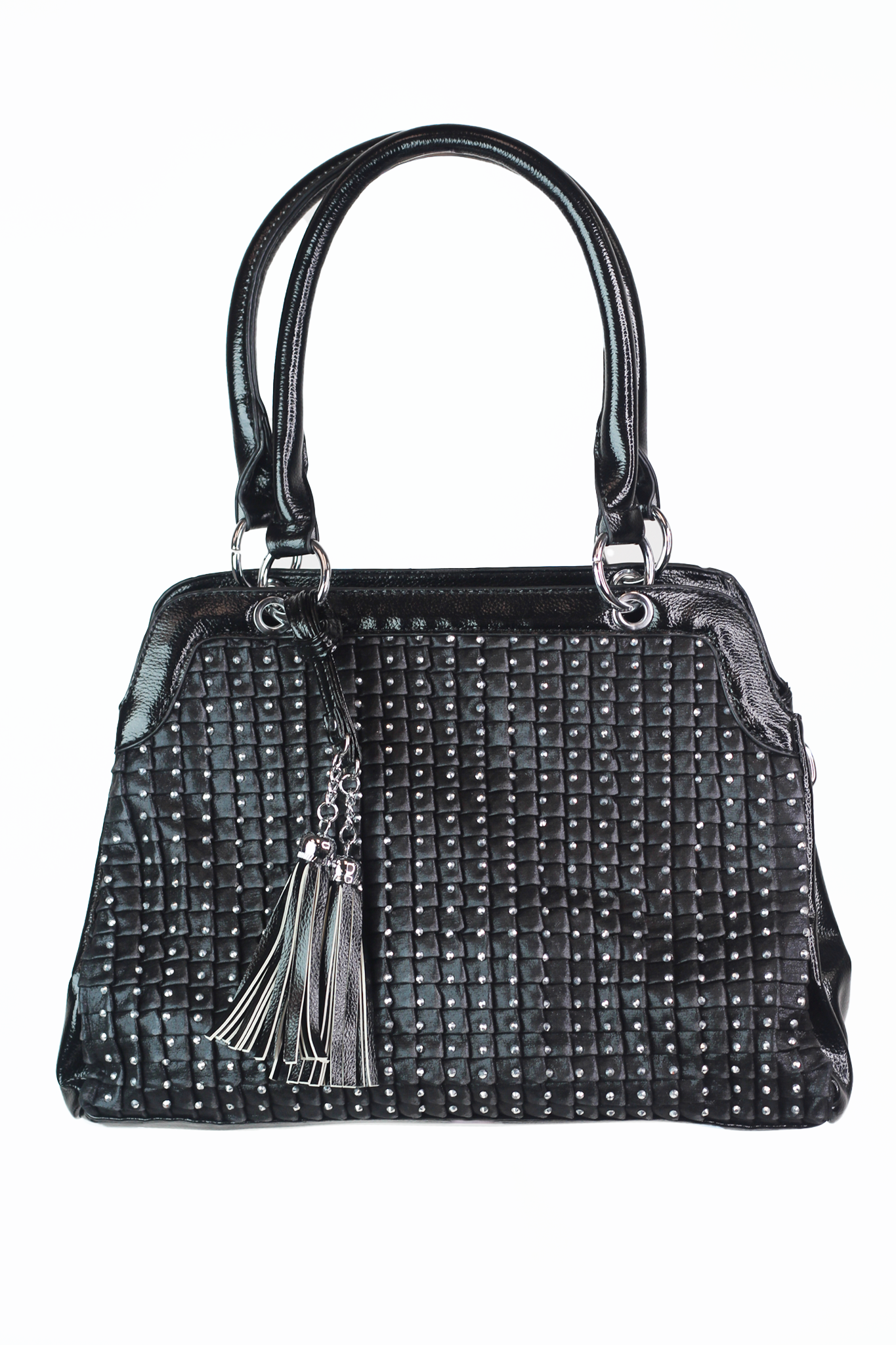 Twin Tassel Double Handle Front Studded Handbag