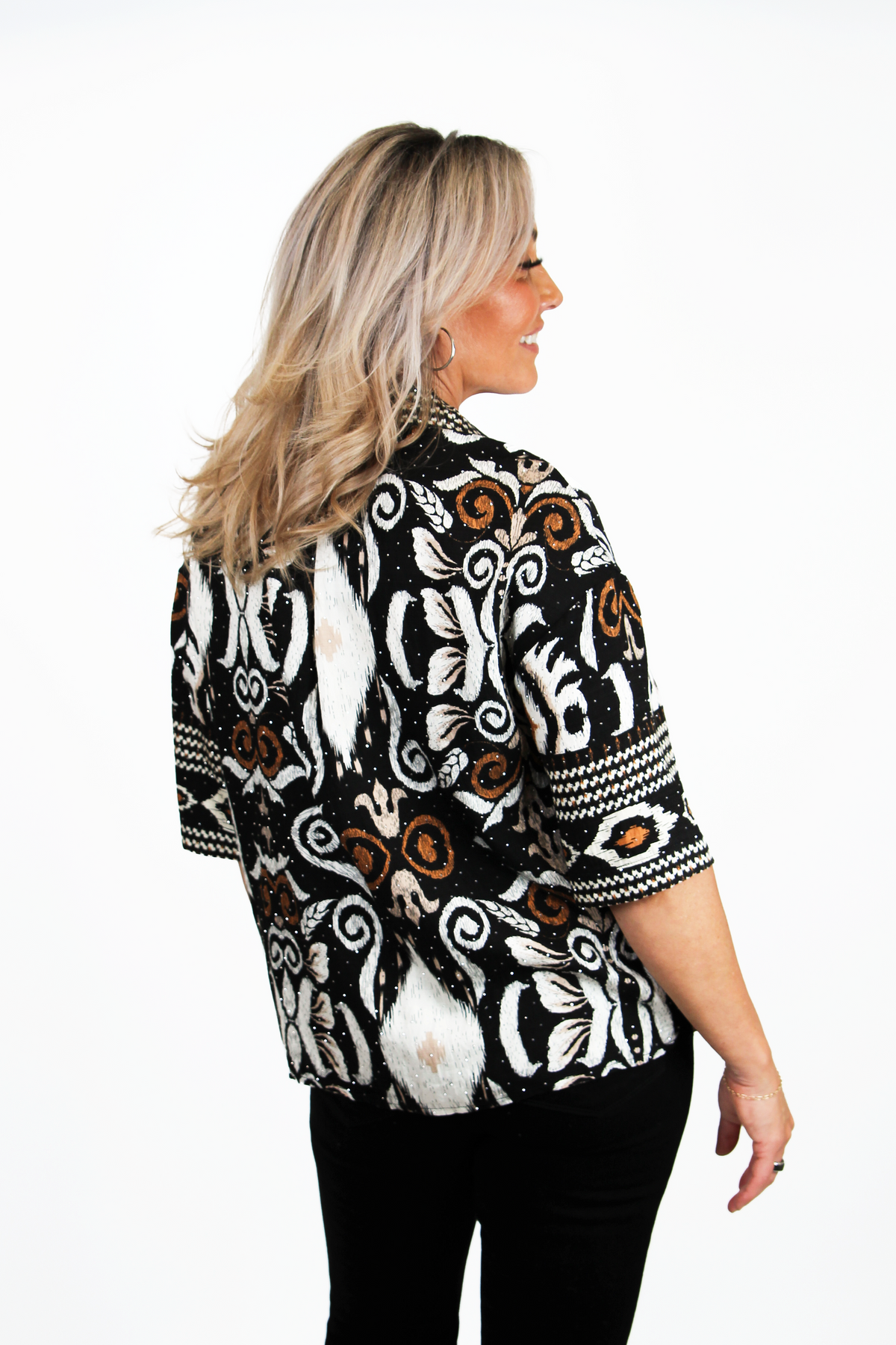 Printed Button Down Crop Top w/ Rhinestone Embellishments