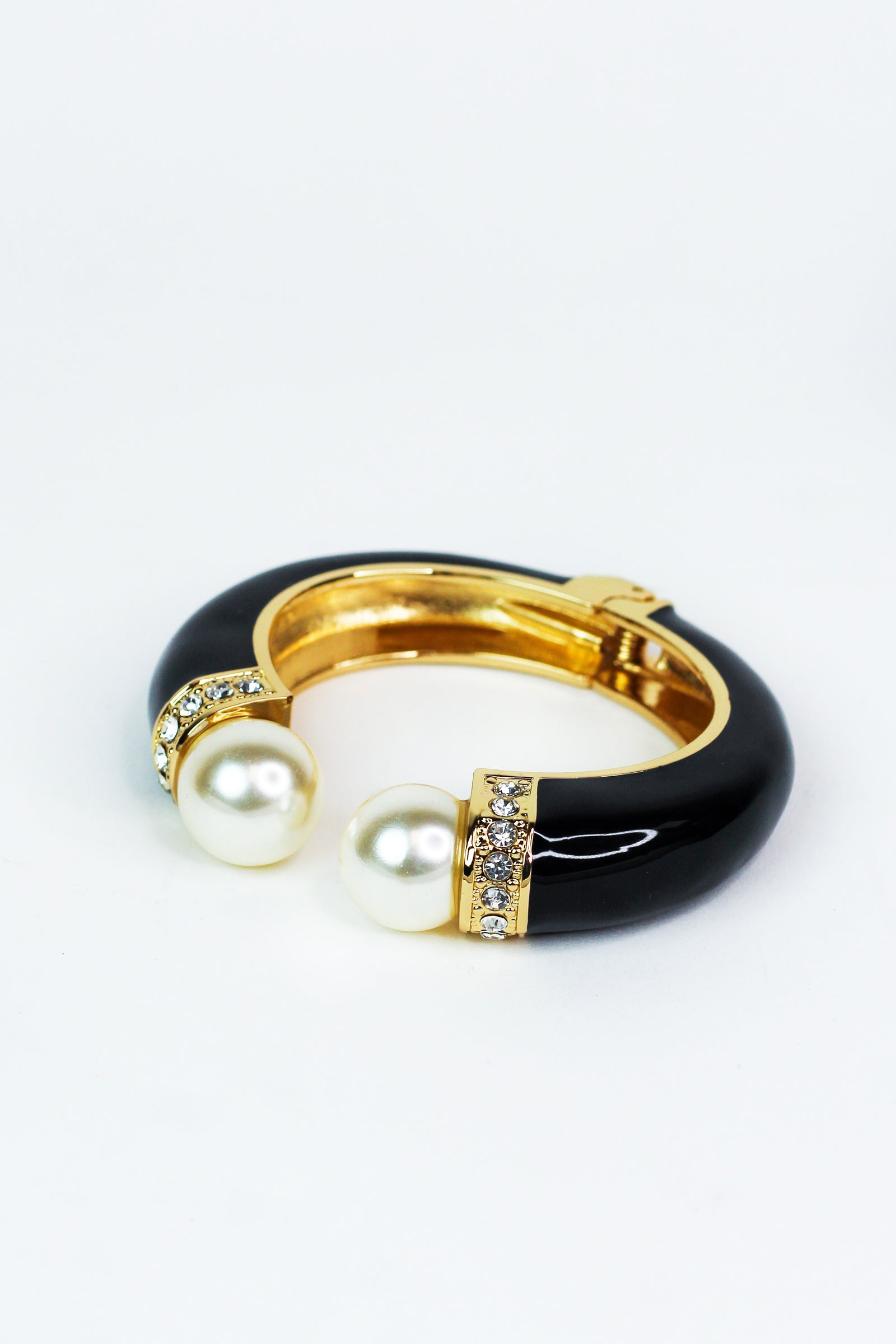 Enamel Bangle Bracelet w/ Rhinestone & Pearl Ends - Glitz & Ears Boutique