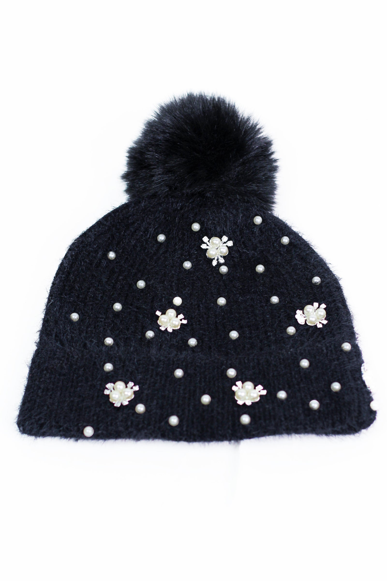 Pearl & Rhinestone Floral Accent Pompom Hat