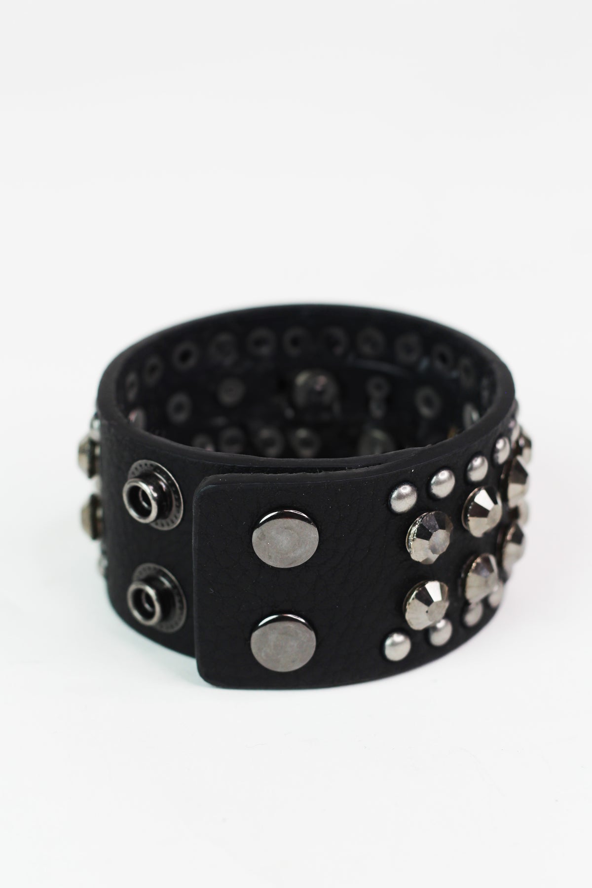 Stud &amp; Rhinestone Genuine Leather Snap Bracelet