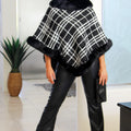 Diagonal Plaid Faux Fur Trimmed Poncho