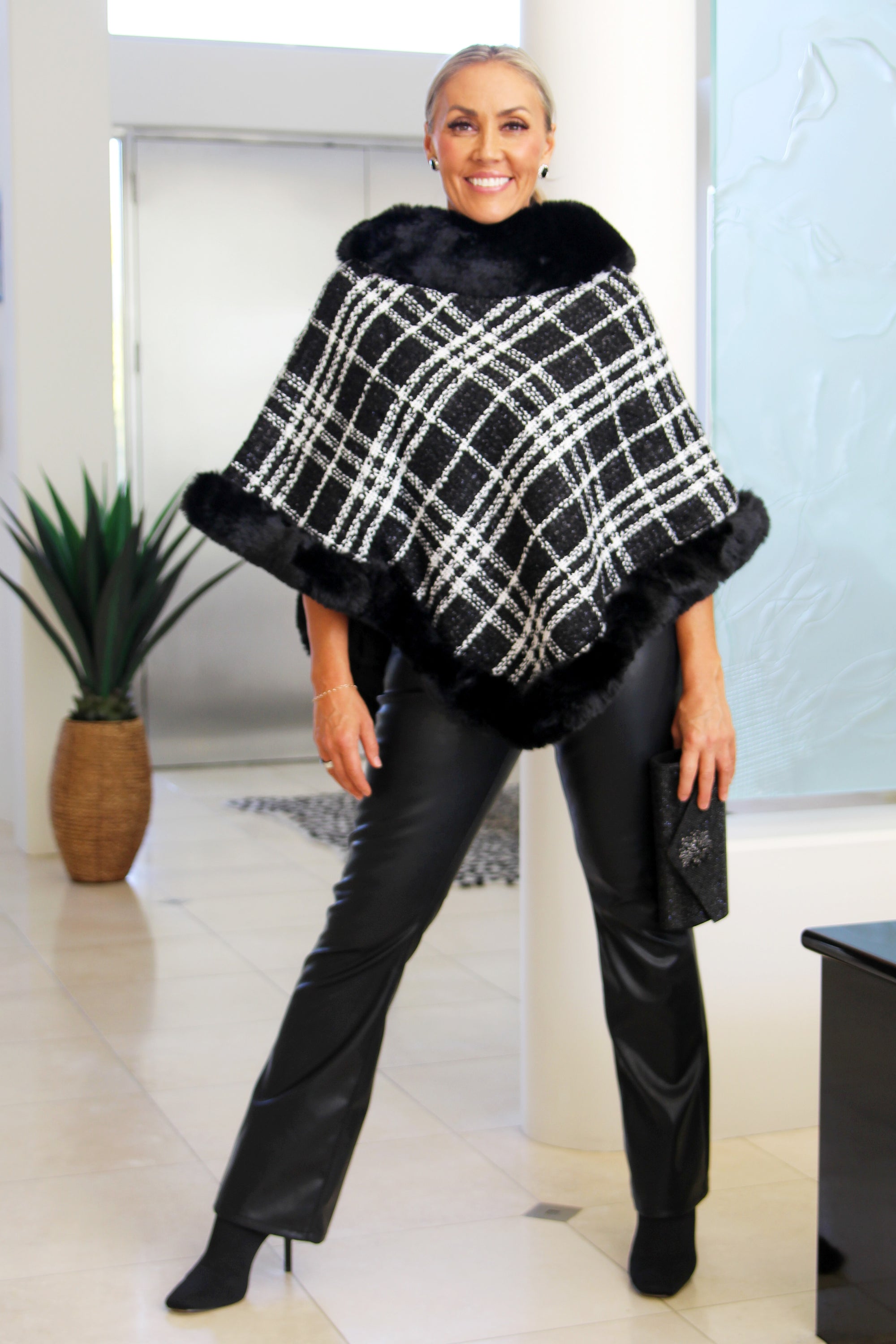Diagonal Plaid Faux Fur Trimmed Poncho
