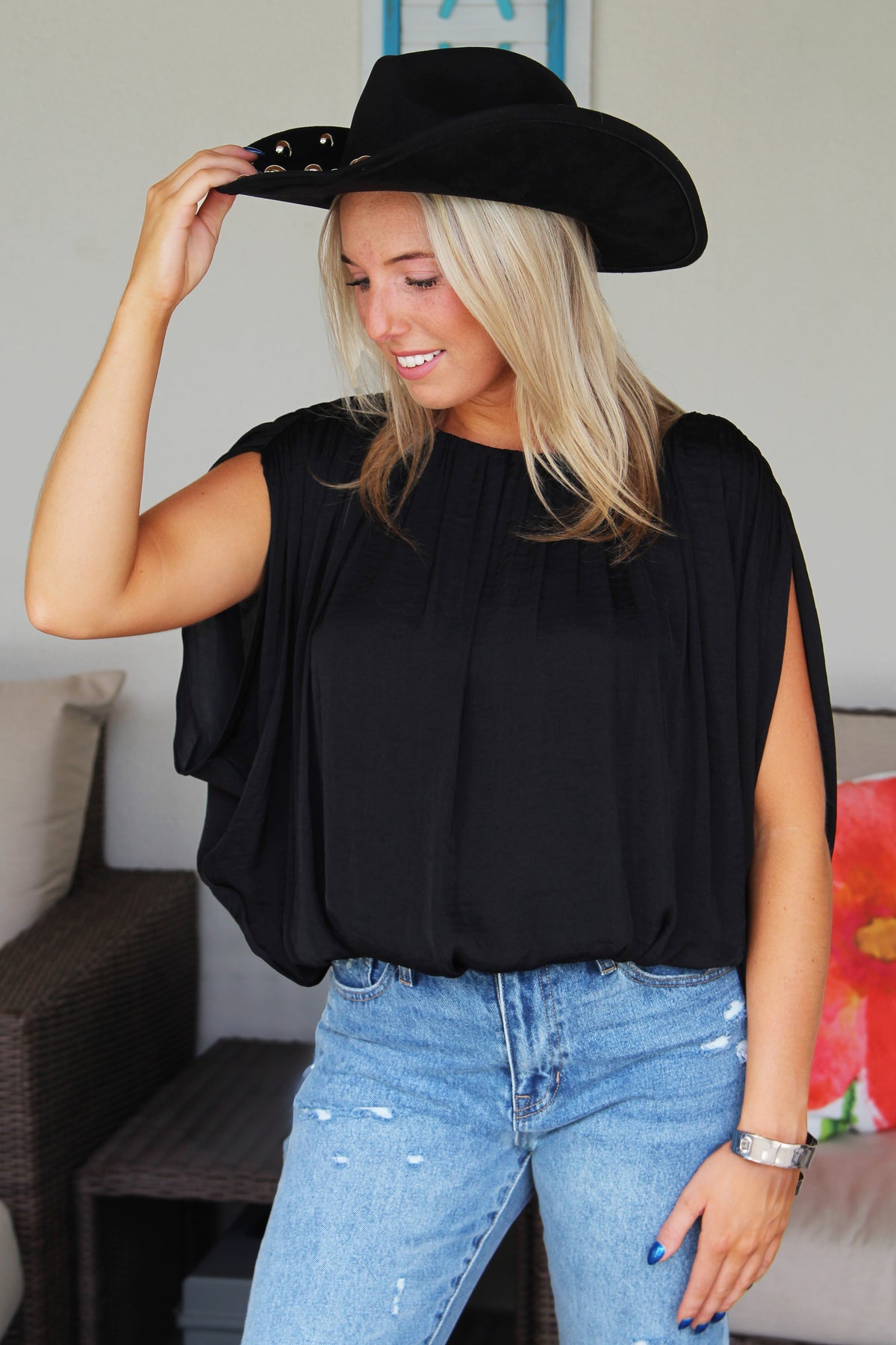 Gathered Neck Bubble Top w/ Open Sleeve