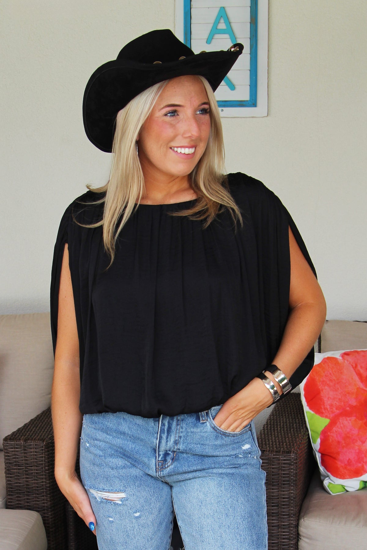 Gathered Neck Bubble Top w/ Open Sleeve
