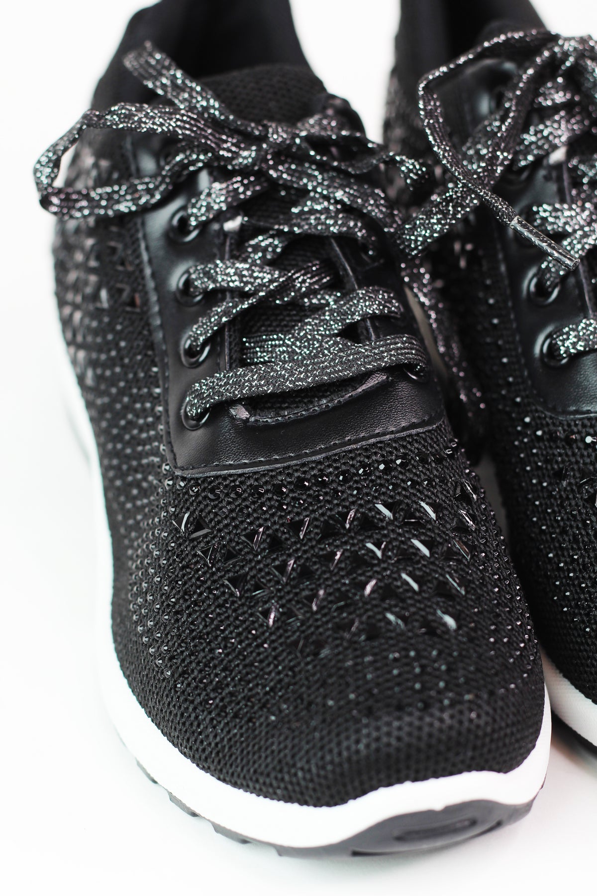 Lace Up Elastic & Rhinestone Upper Sneaker w/ Wedge Heel