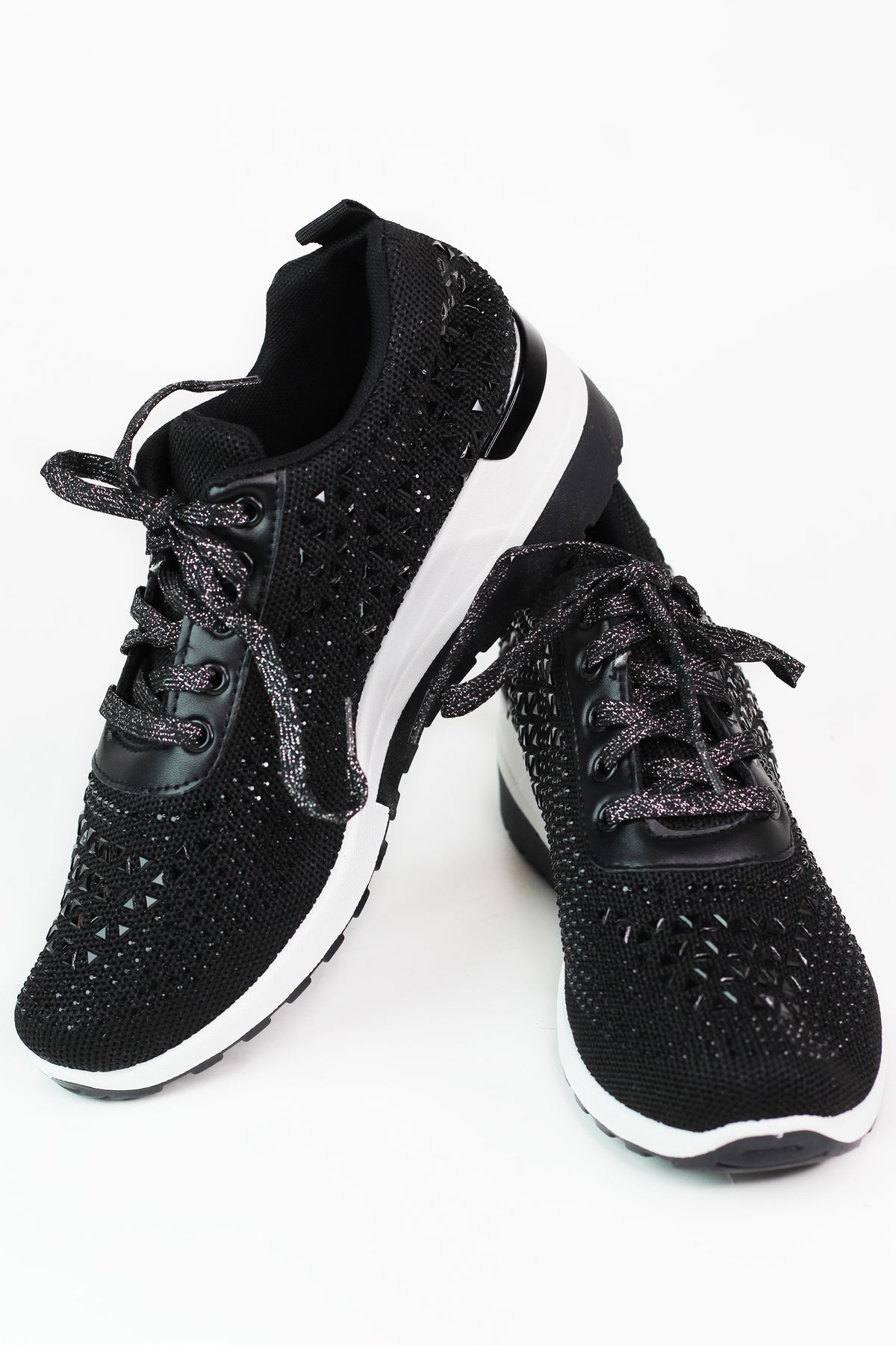 Lace Up Elastic &amp; Rhinestone Upper Sneaker w/ Wedge Heel