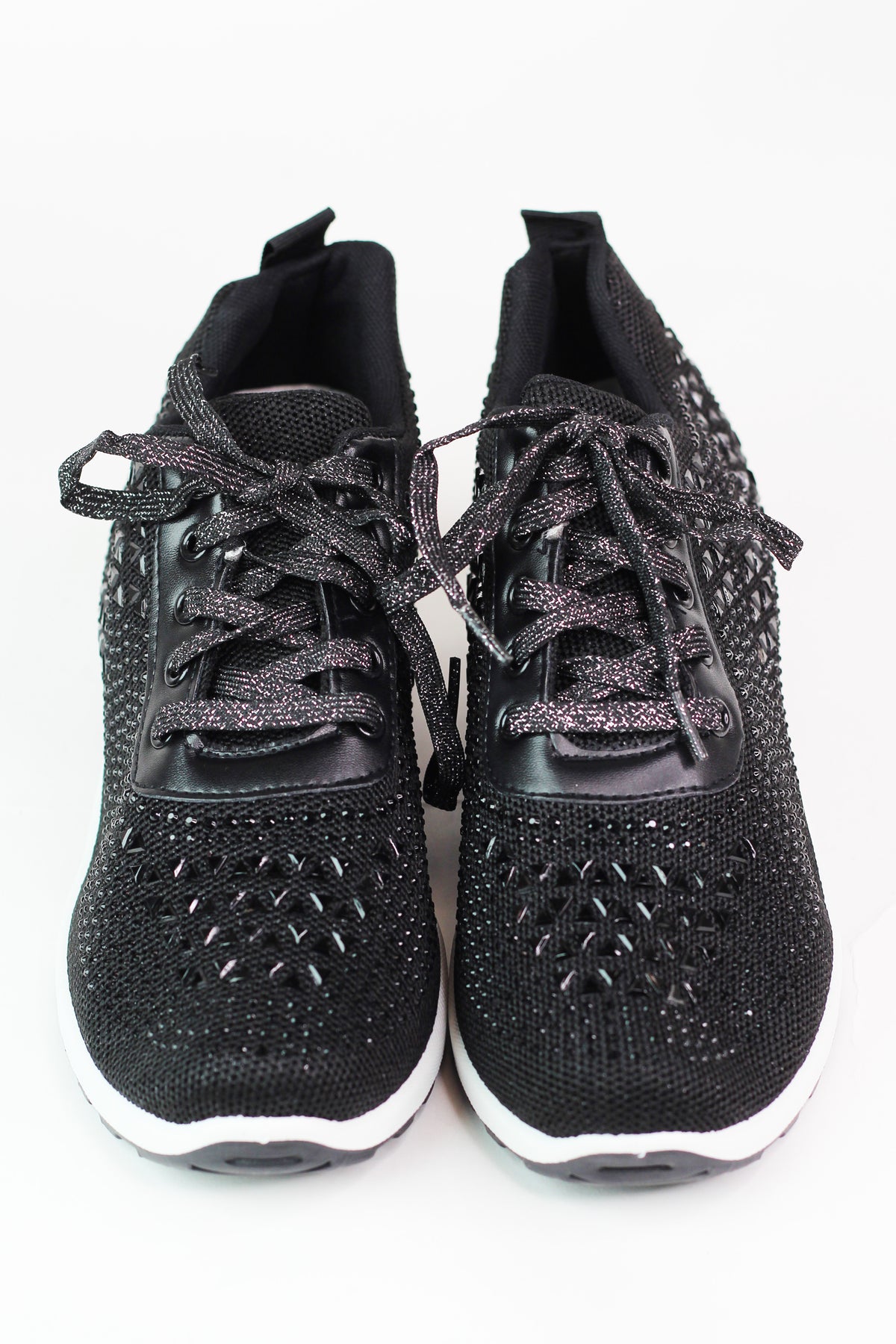 Lace Up Elastic & Rhinestone Upper Sneaker w/ Wedge Heel