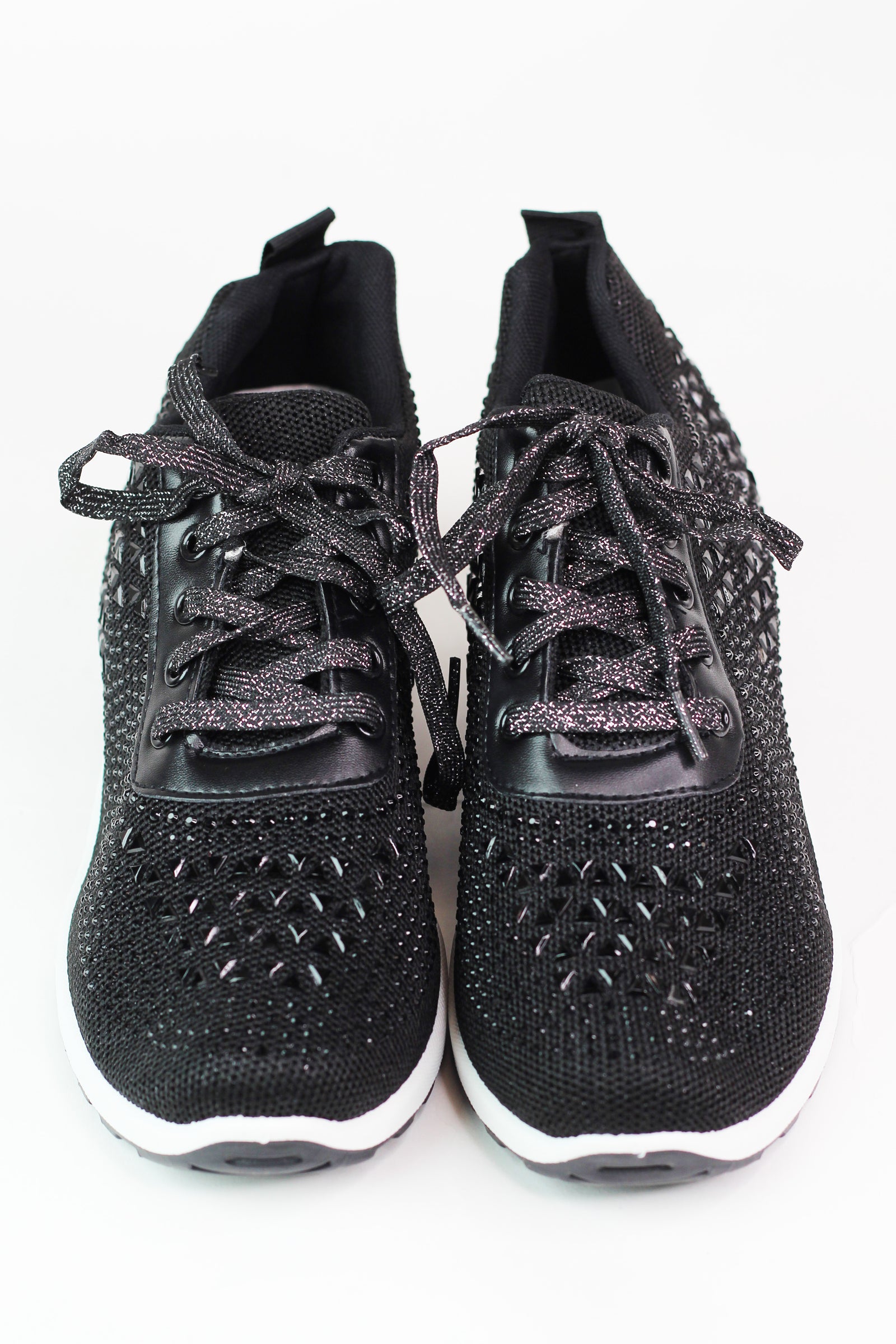 Lace Up Elastic & Rhinestone Upper Sneaker w/ Wedge Heel