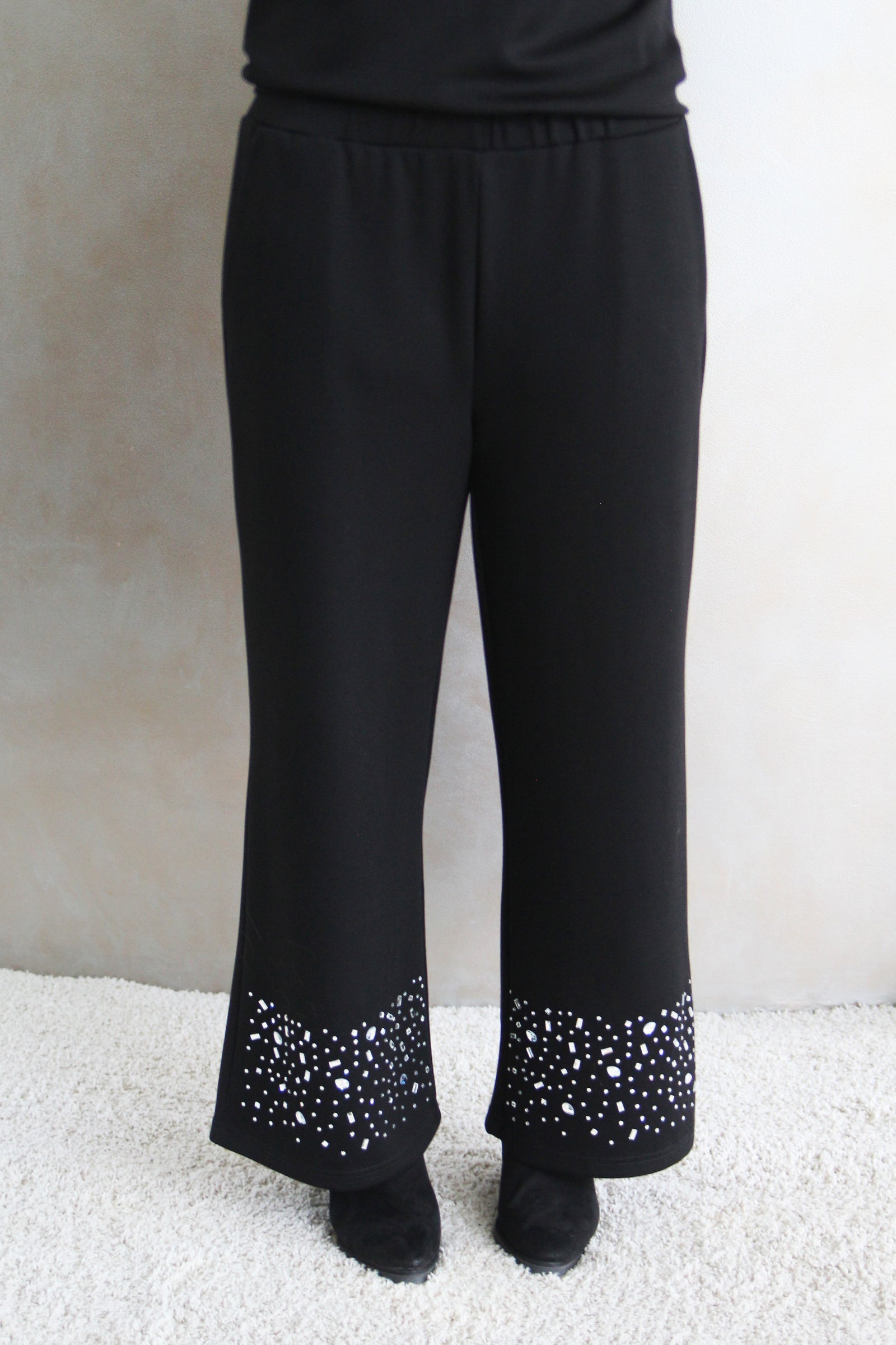 Long Sleeve Scuba Knit Top & Wide Leg Pants Set w/ Rhinestone Accents