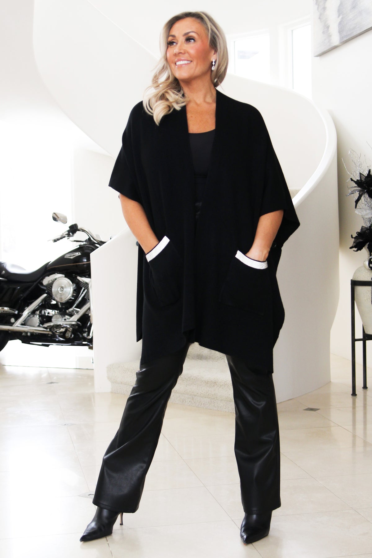 Open Front Knit Poncho w/ Rhinestone Embellished Pockets