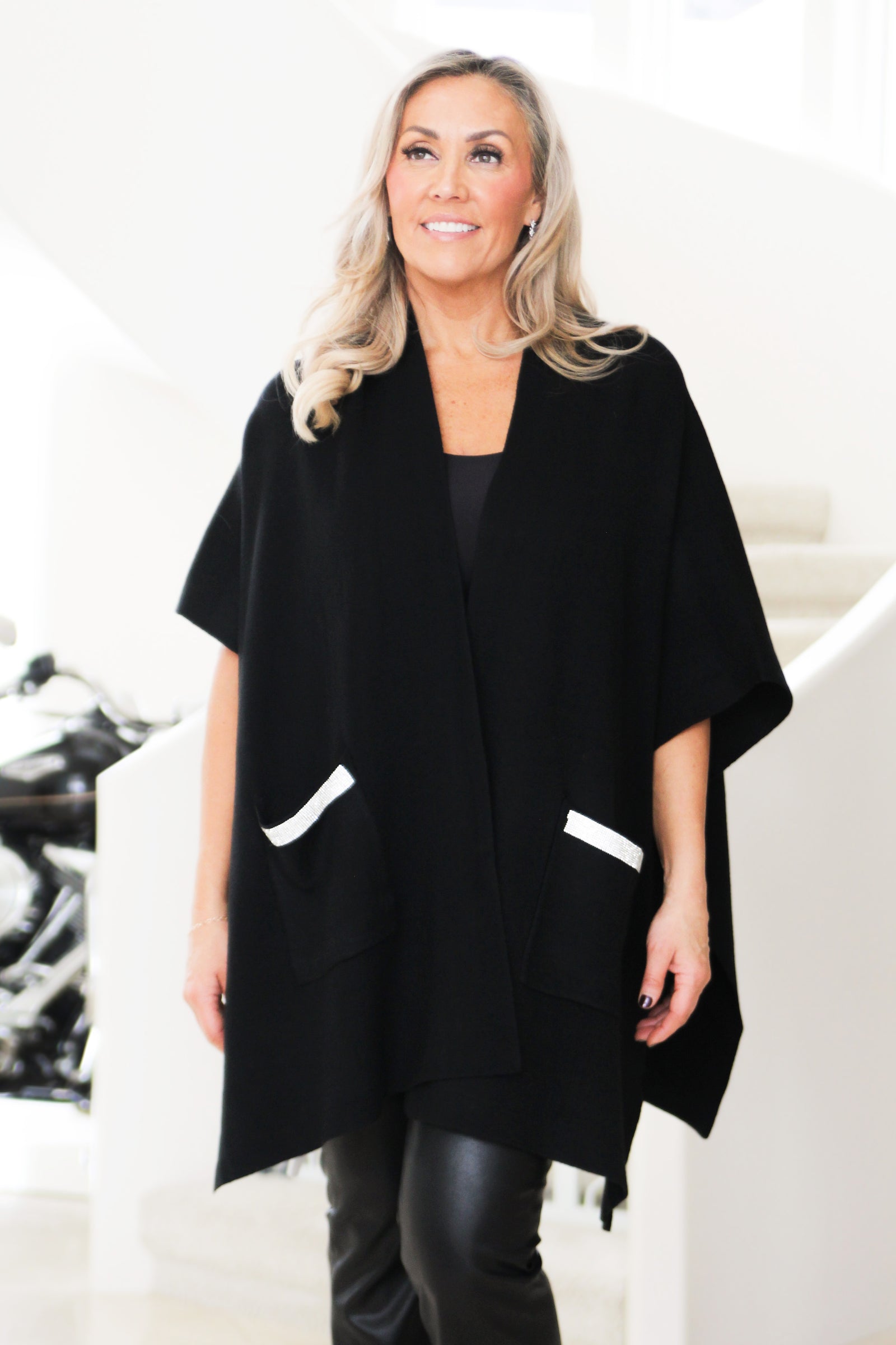 Open Front Knit Poncho w/ Rhinestone Embellished Pockets