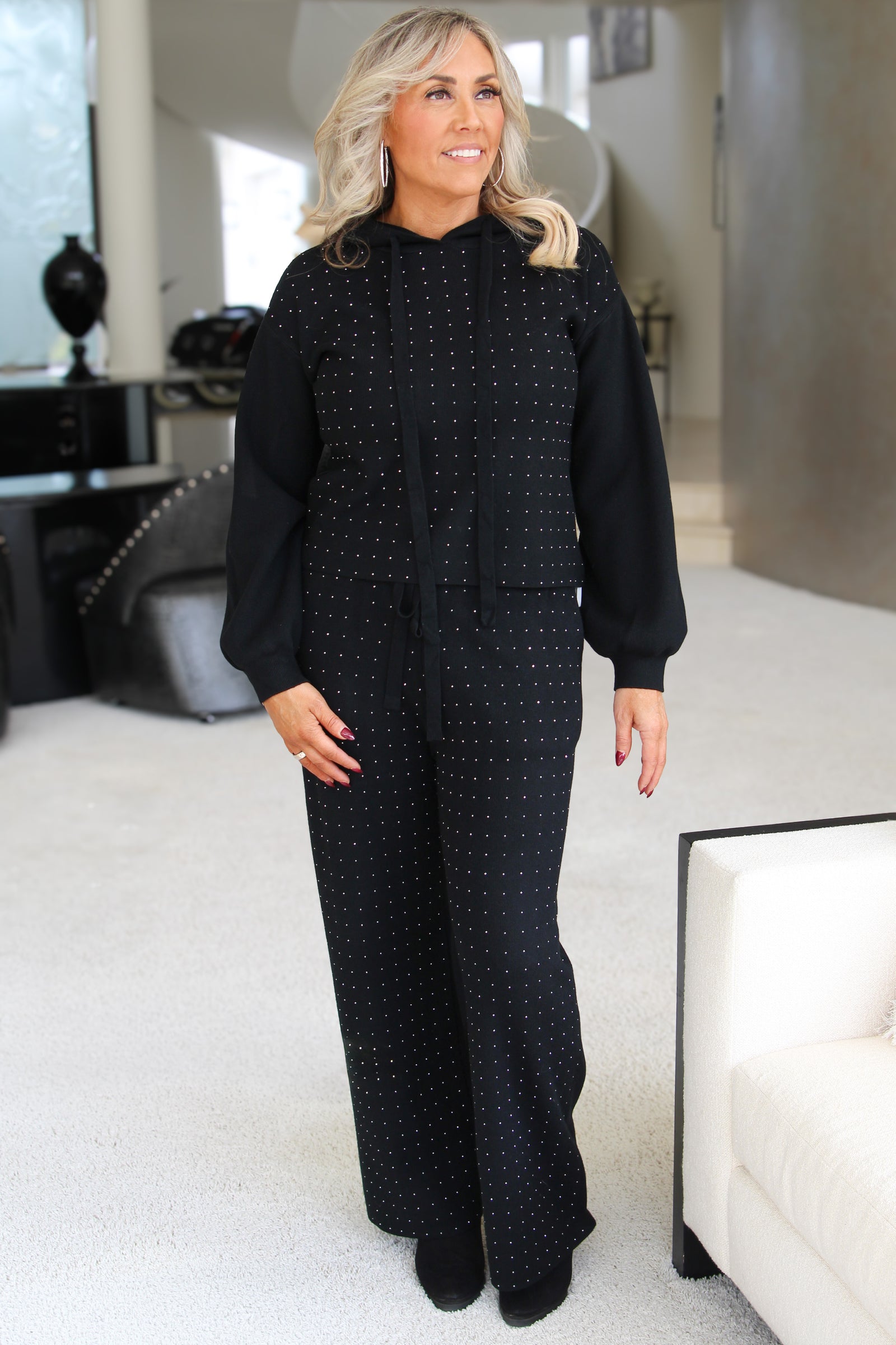 Fine Knit Hoodie & Pants Set w/ Stone Accents