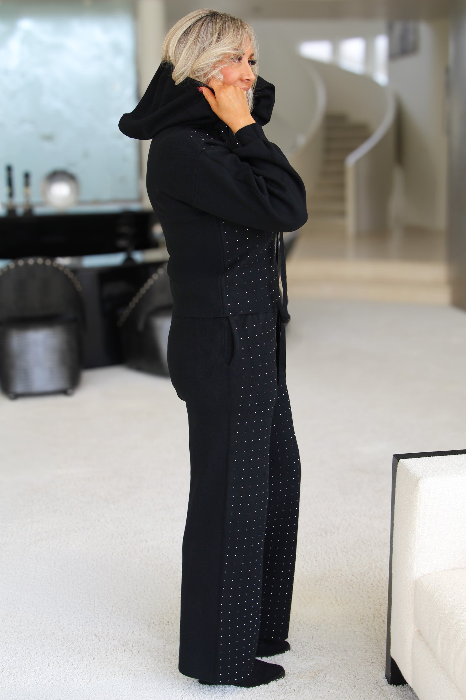 Fine Knit Hoodie & Pants Set w/ Stone Accents