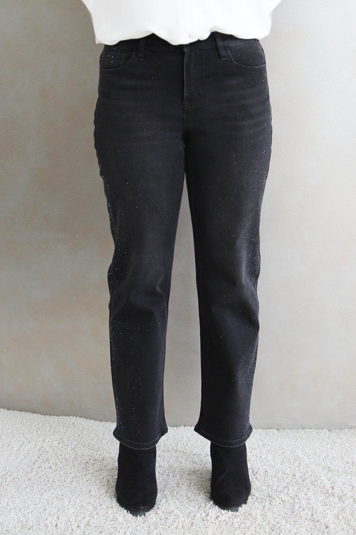 High Rise Slim Wide Leg Jeans w/ Scattered Rhinestones