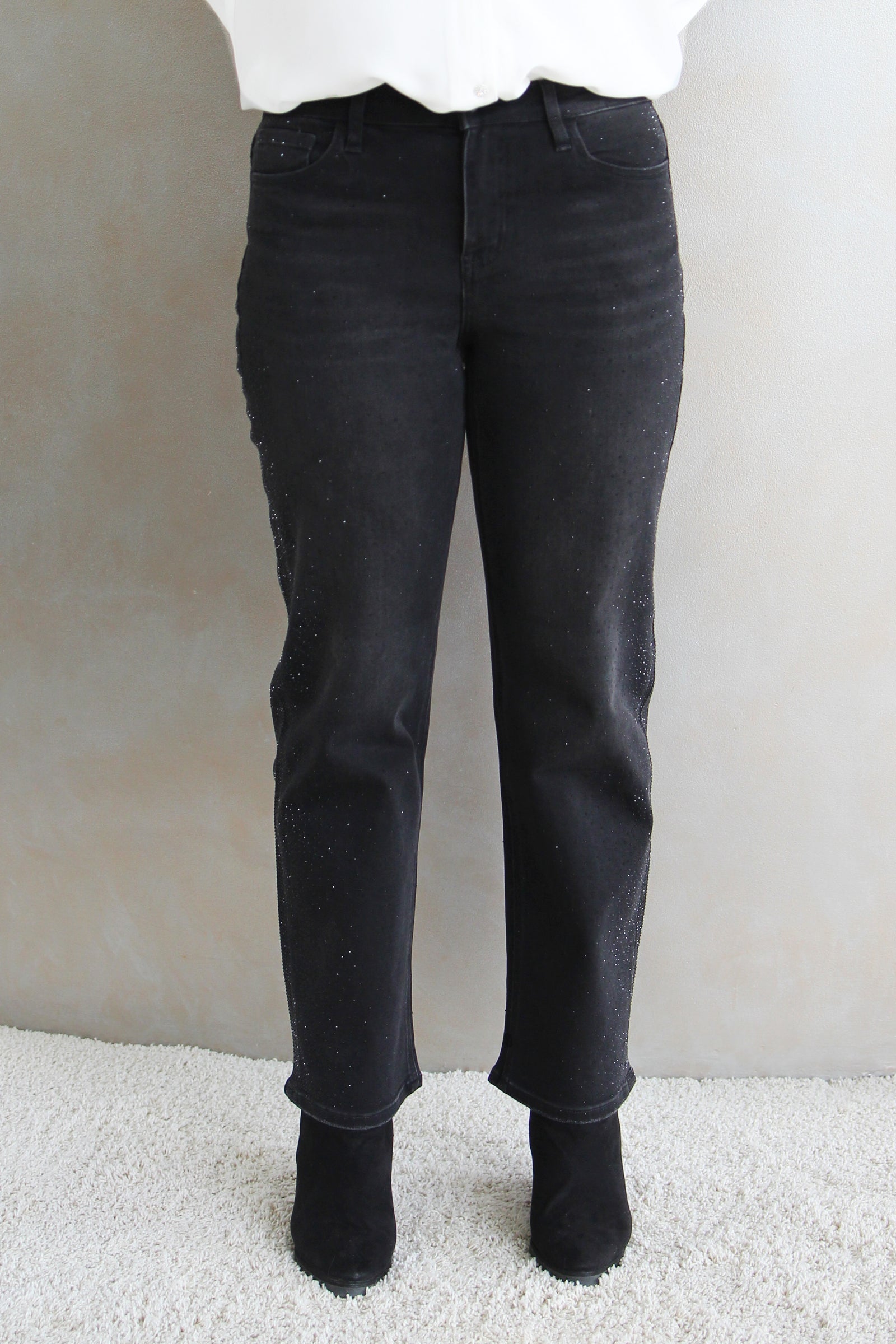 High Rise Slim Wide Leg Jeans w/ Scattered Rhinestones