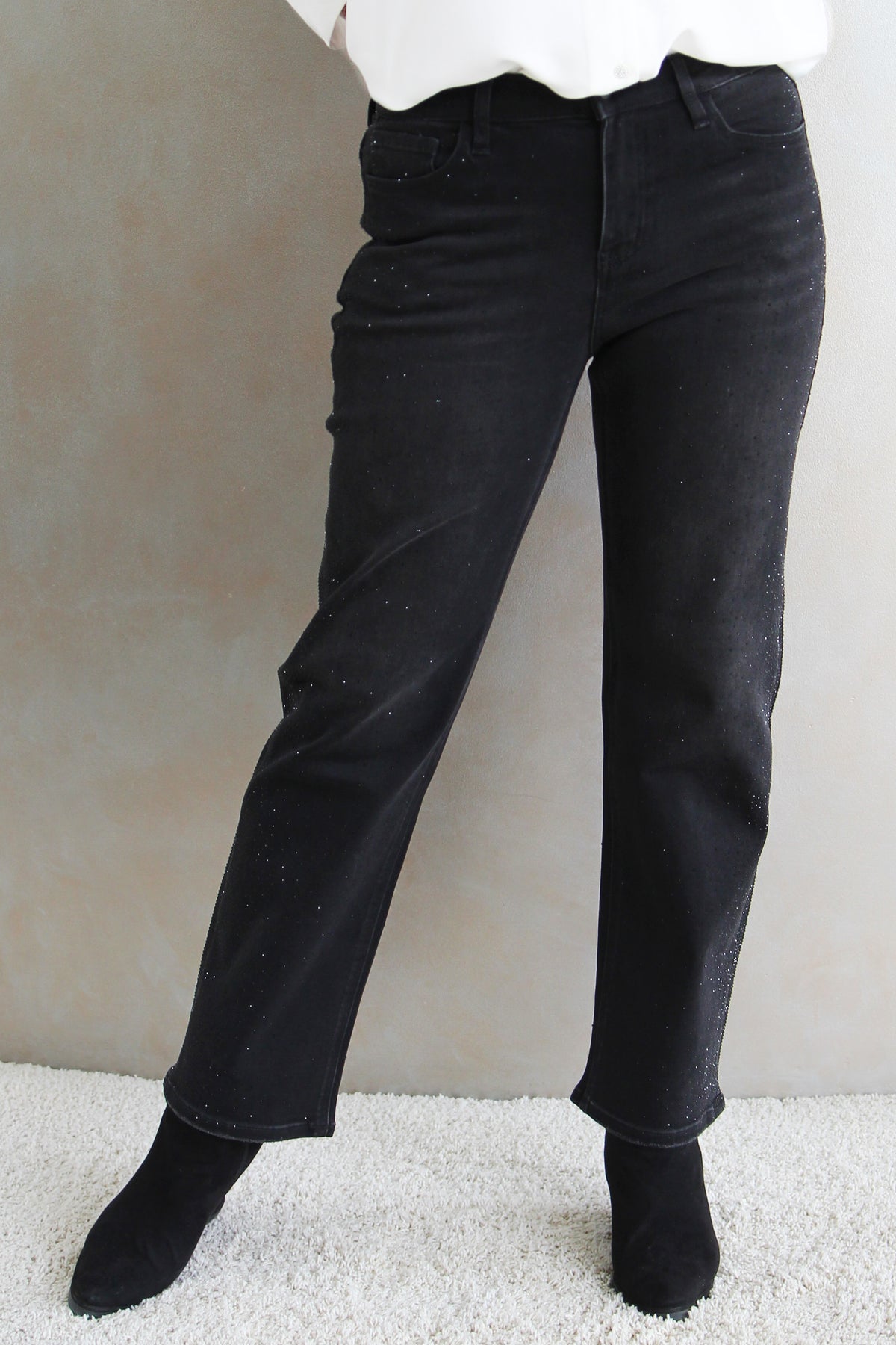 High Rise Slim Wide Leg Jeans w/ Scattered Rhinestones