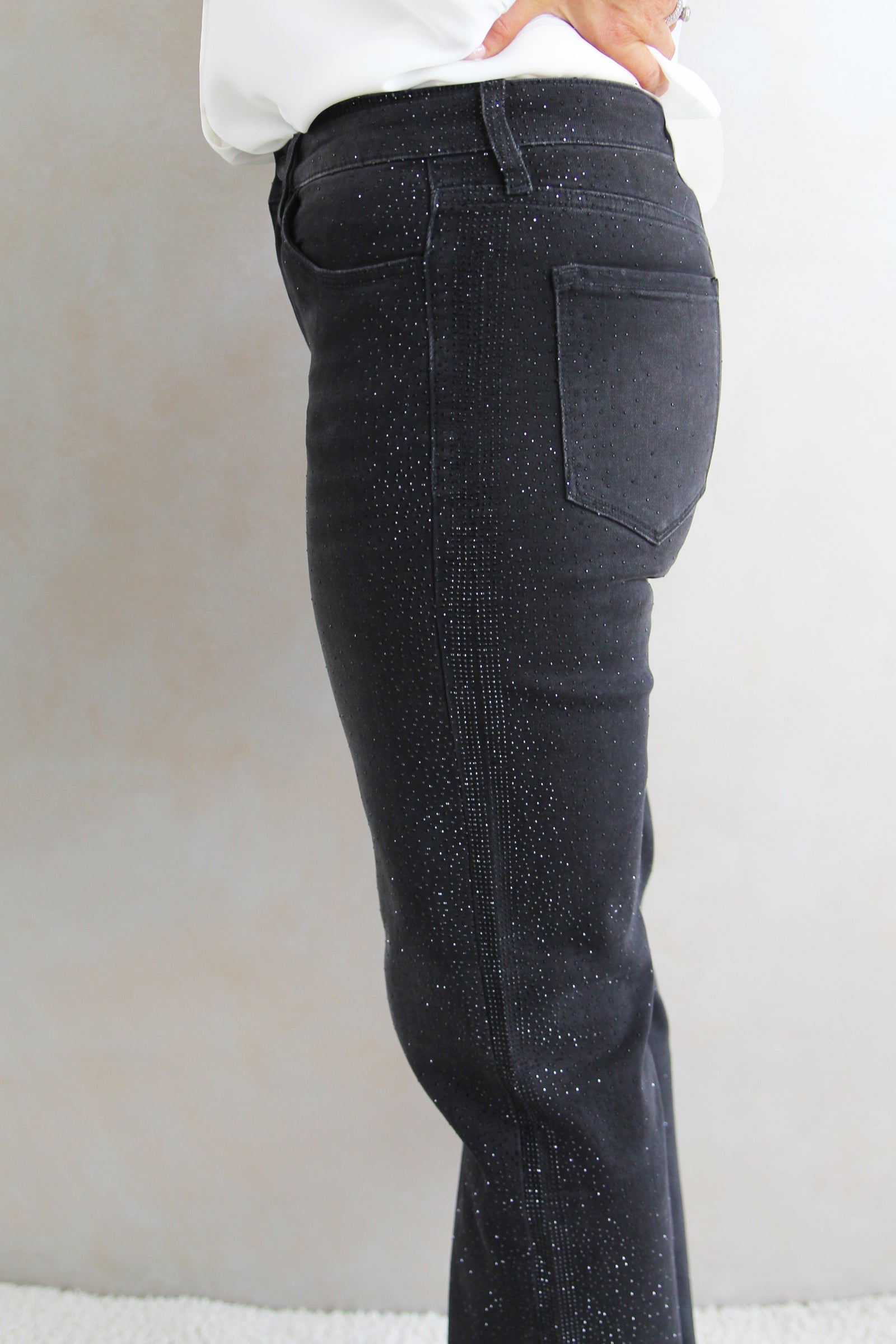 High Rise Slim Wide Leg Jeans w/ Scattered Rhinestones