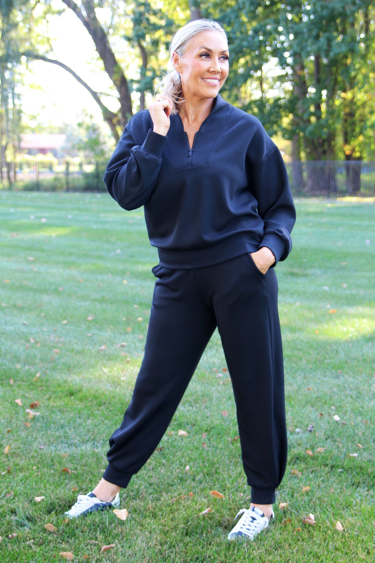 V-Neck Zip Scuba Sweatshirt &amp; Joggers w/ Pockets Set