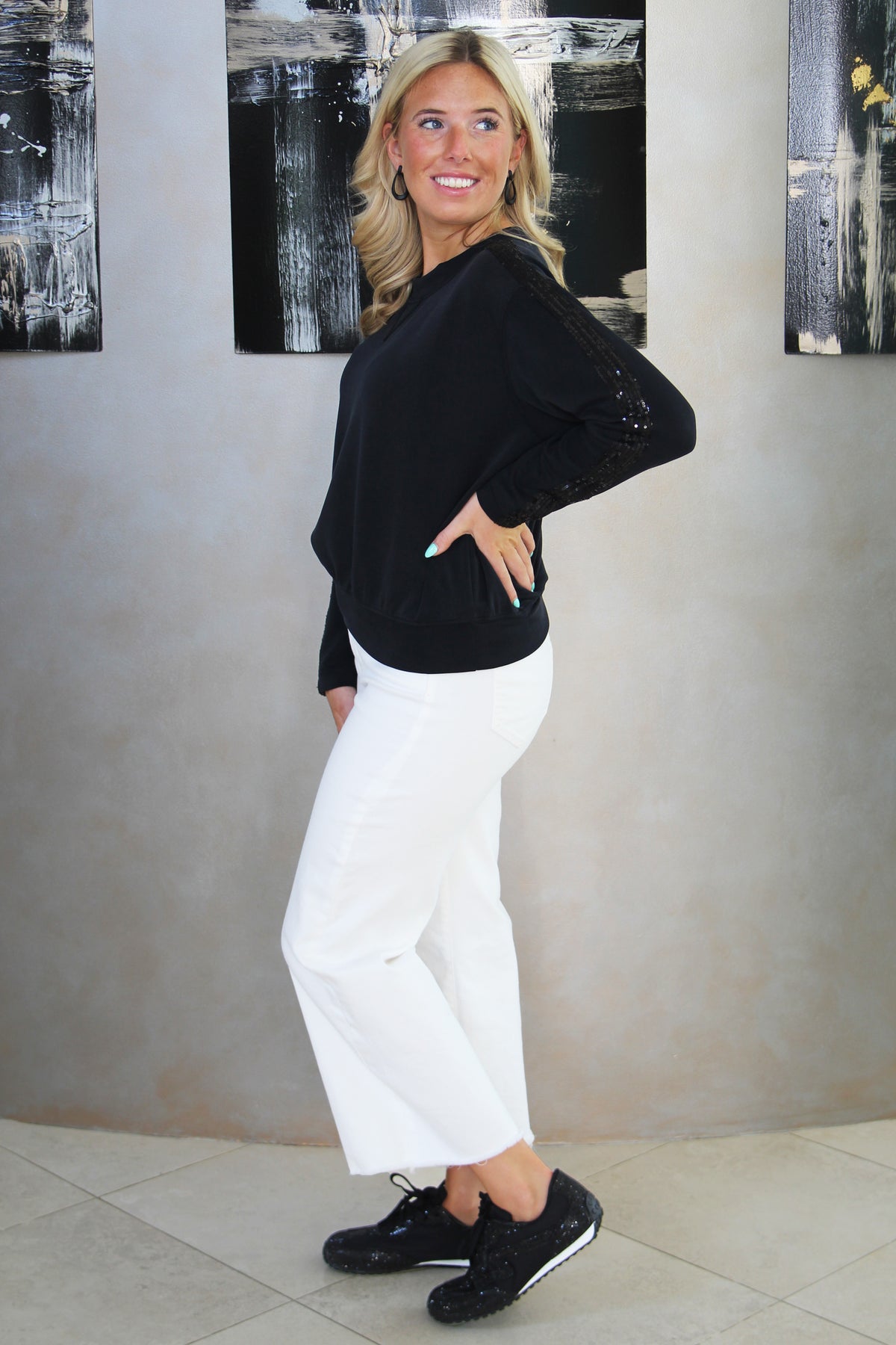 Scuba Sweatshirt w/ Sequin Shoulder & Sleeve Trim