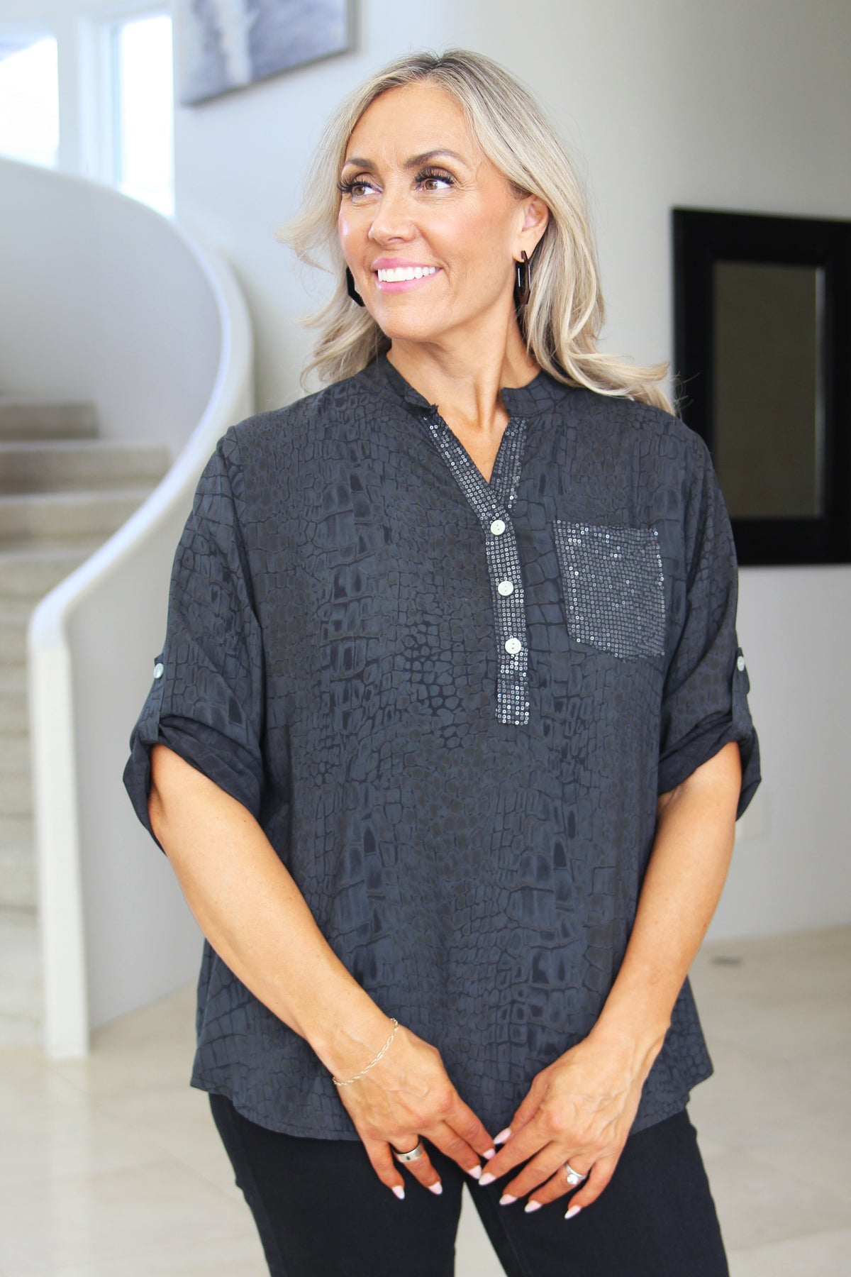 Croc Skin Sequin Pocket Top