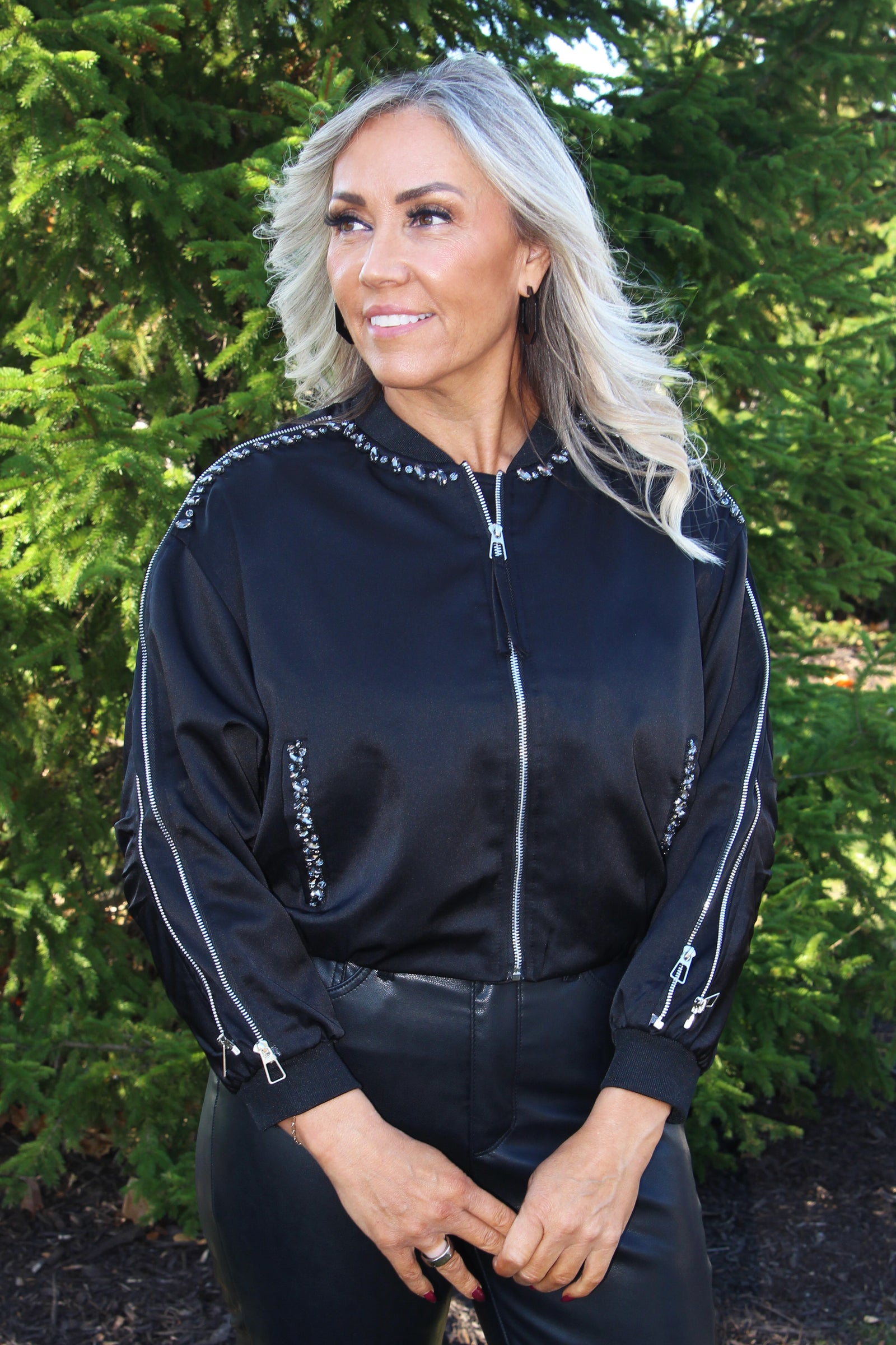 Satin Jacket w/ Zippers & Stone Trim