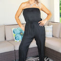 Strapless Silky Fabric Jogger Jumpsuit w/ Tie Waist