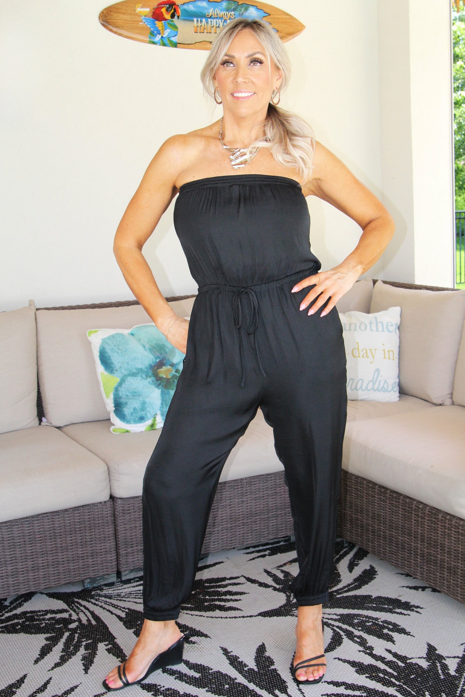 Strapless Silky Fabric Jogger Jumpsuit w/ Tie Waist