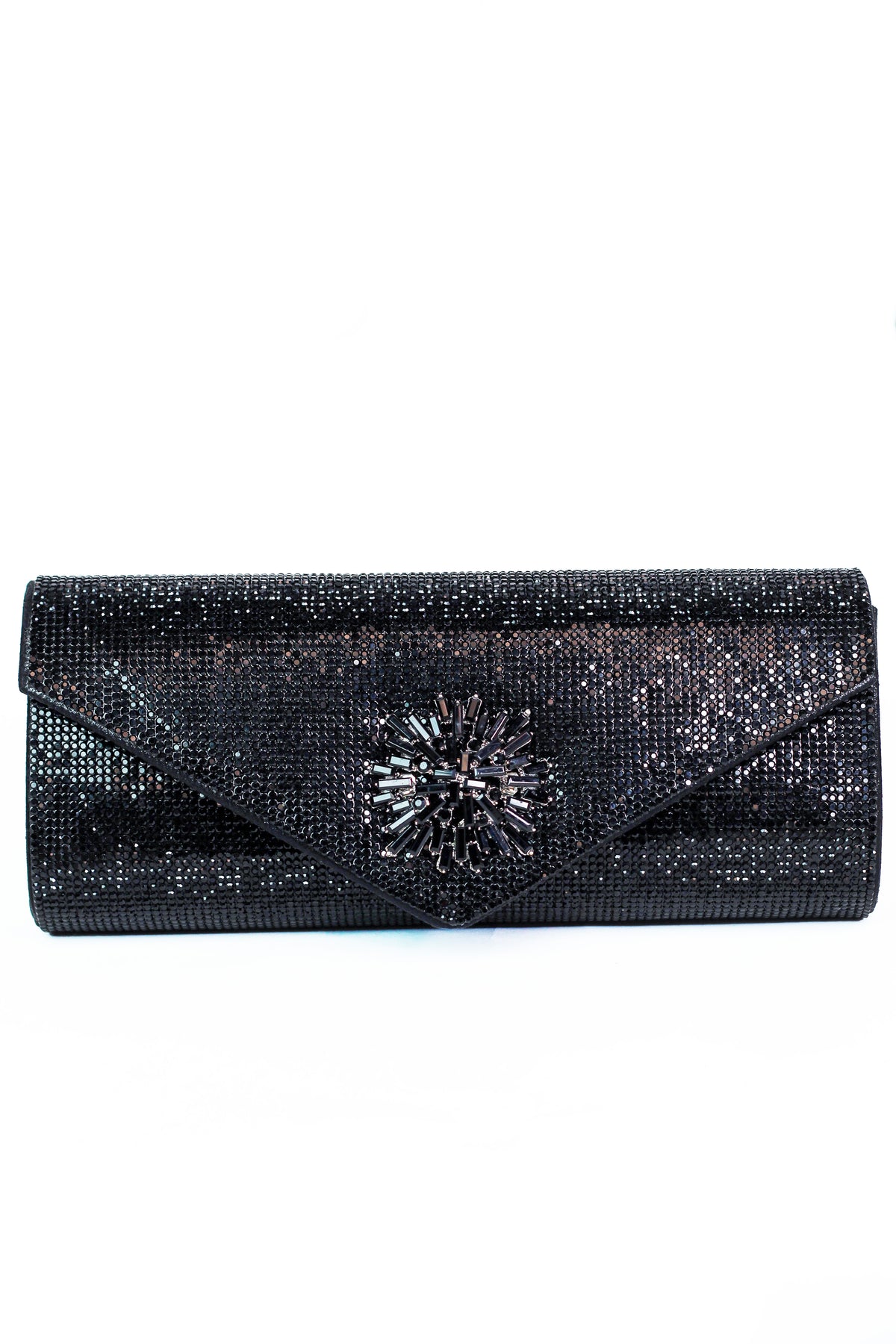 All Rhinestone Envelope Clutch w/ Baguette Starburst Emblem