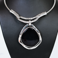 Metal Collar Necklace w/ Large Metal Trimmed Stone Pendant