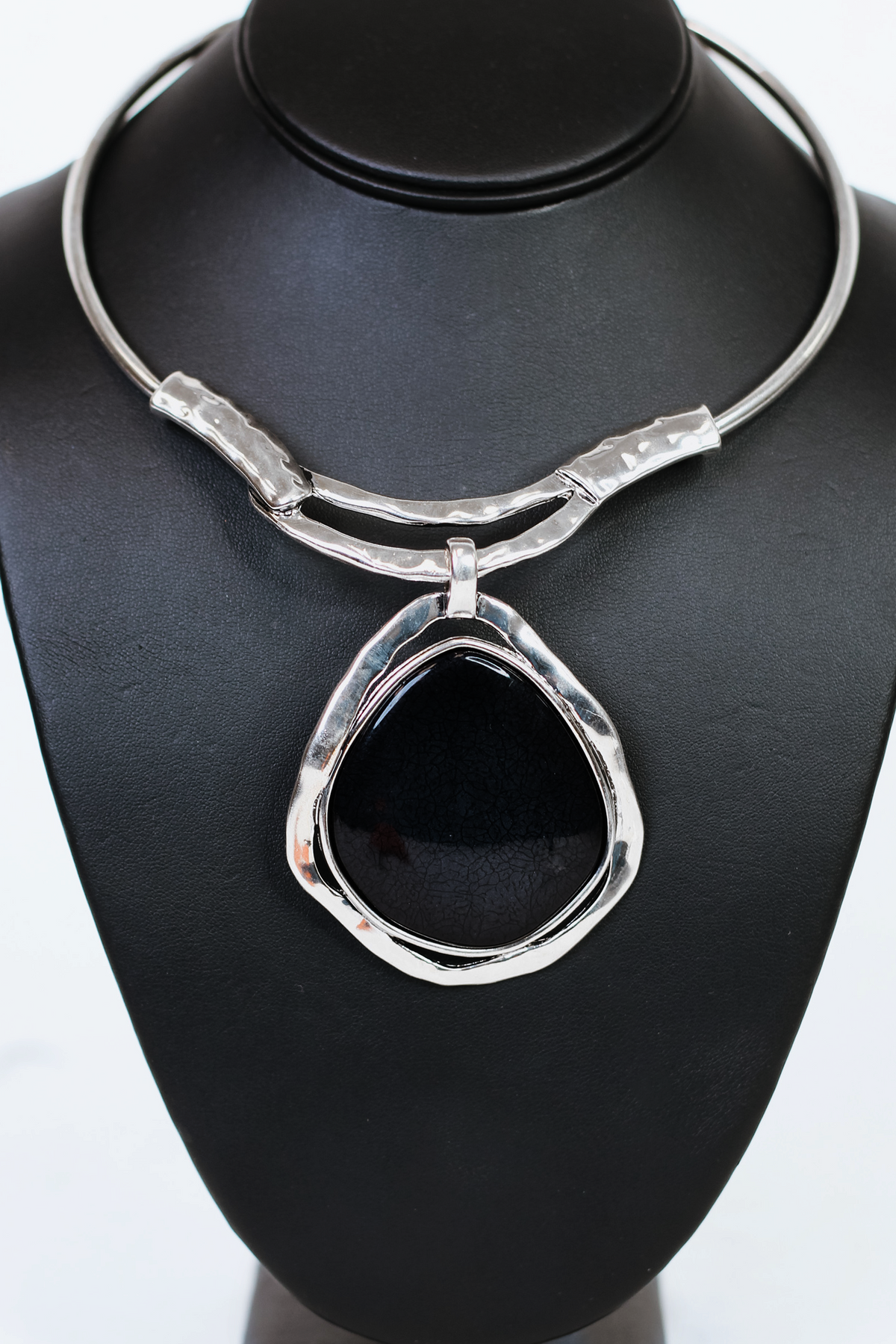 Metal Collar Necklace w/ Large Metal Trimmed Stone Pendant
