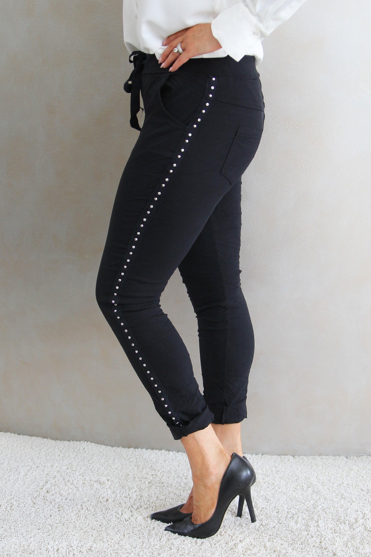 Crinkle Pants w/ Rhinestone & Stud Side Trim